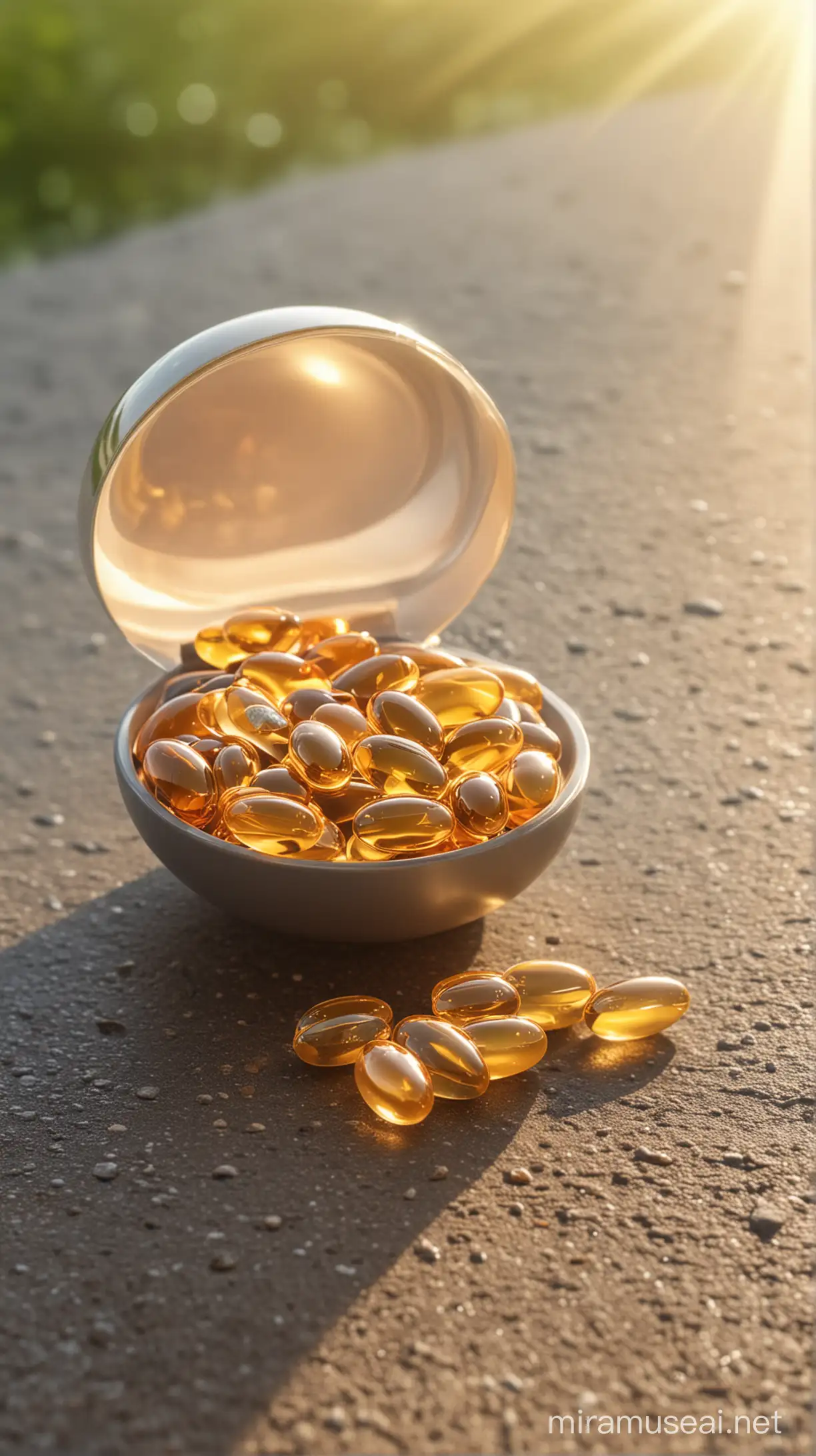omega 3 capsule on table, natural background, sun light effect, 4k, HDR, morning time weather
