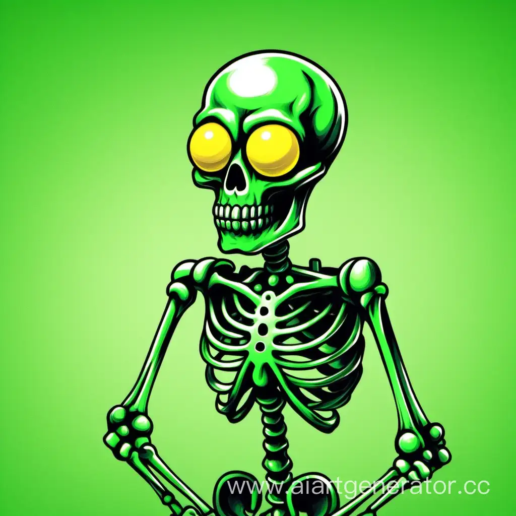 Зелёный скелет с жёлтыми глазами держит кнопку ютуба