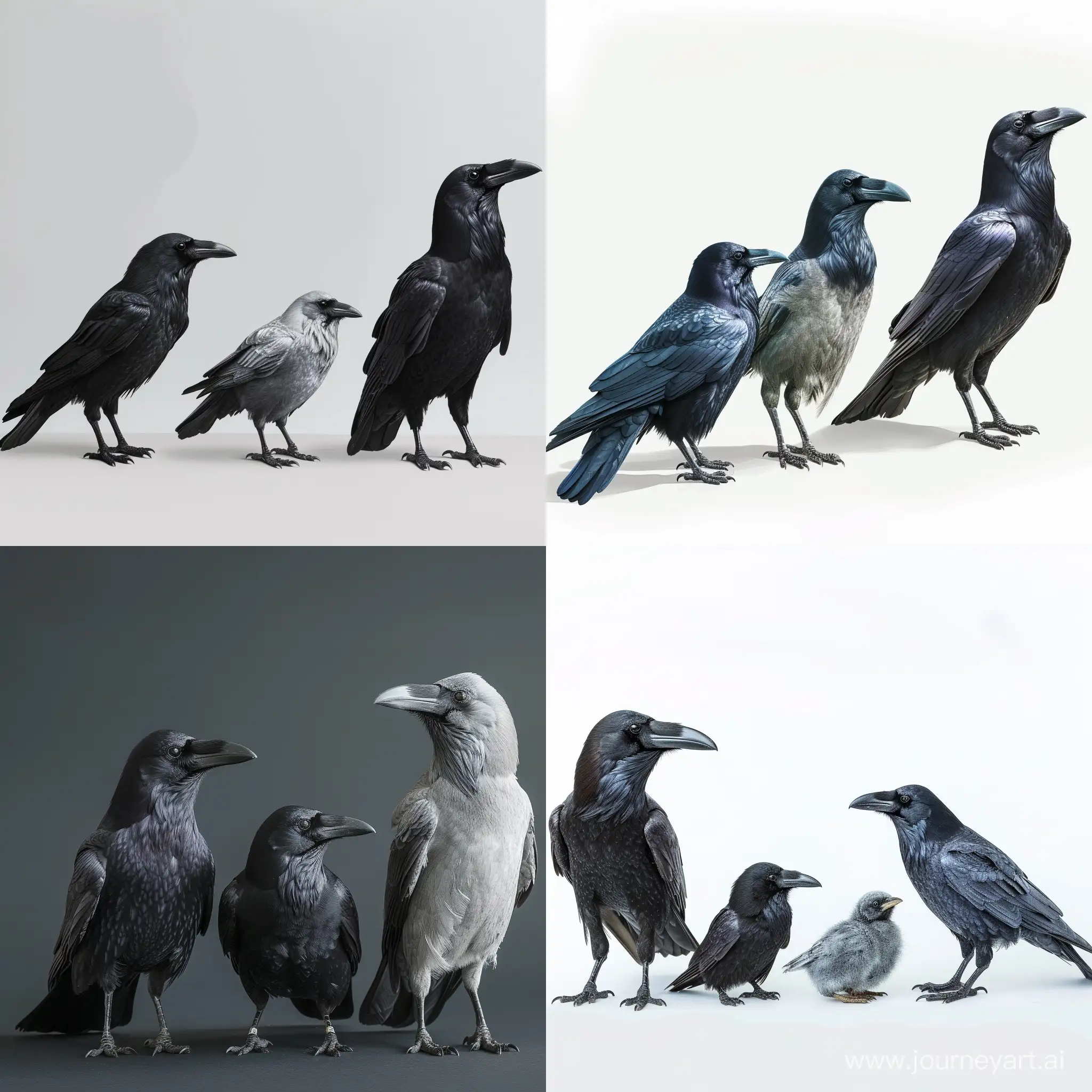 Crow, raven, rook and jackwad next to each other, ordered by size. Photorealistic.