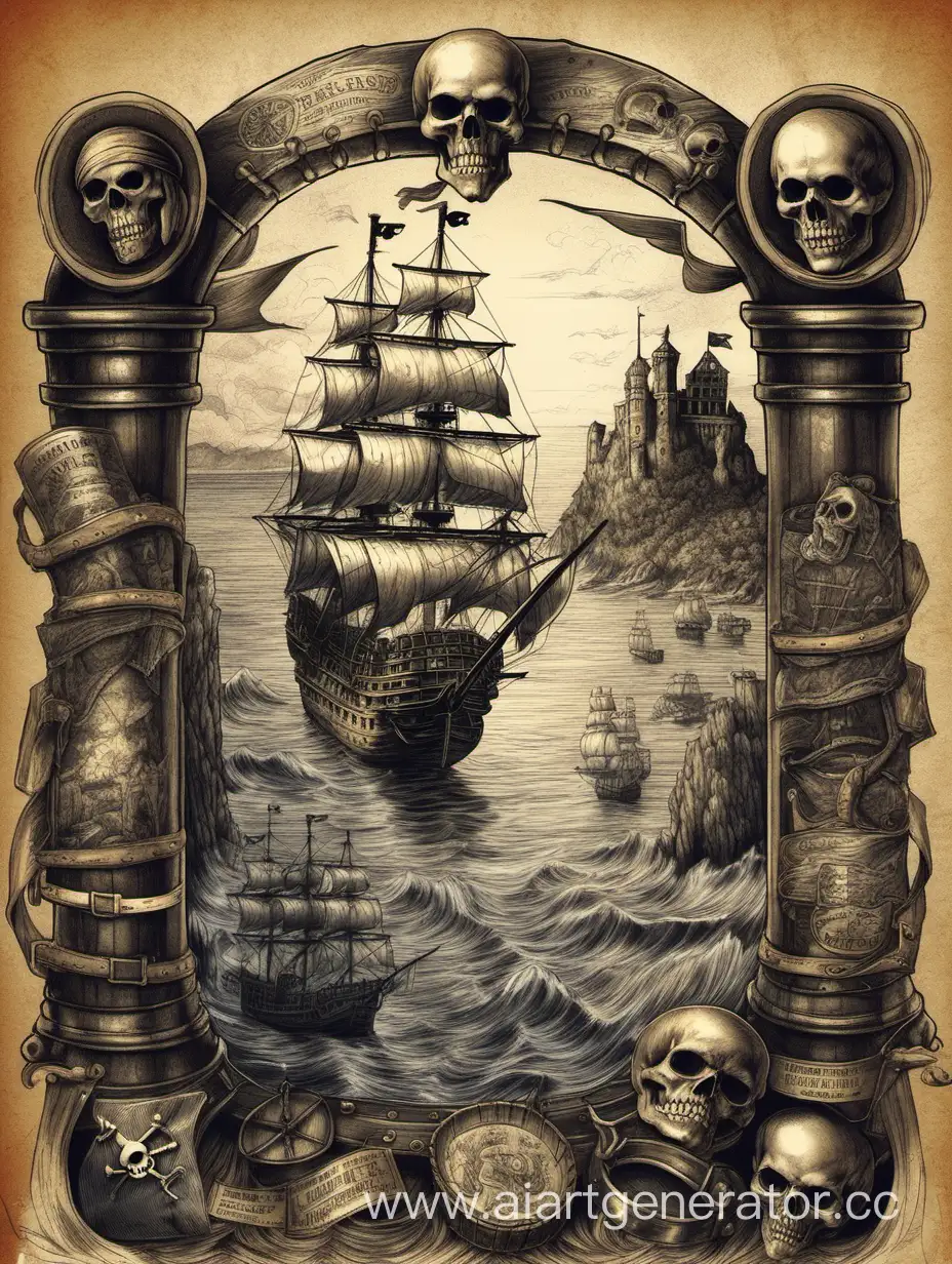 Этикетка, ром, старый замок, корабль, море, сумерки, пираты, череп, рисунок карандашом
