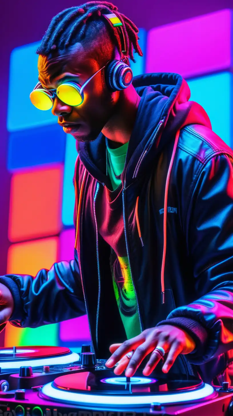 Close up view, Black man wearing Dystopian outfit, on two turntables, High definition, 8k resolution Bright neon colors