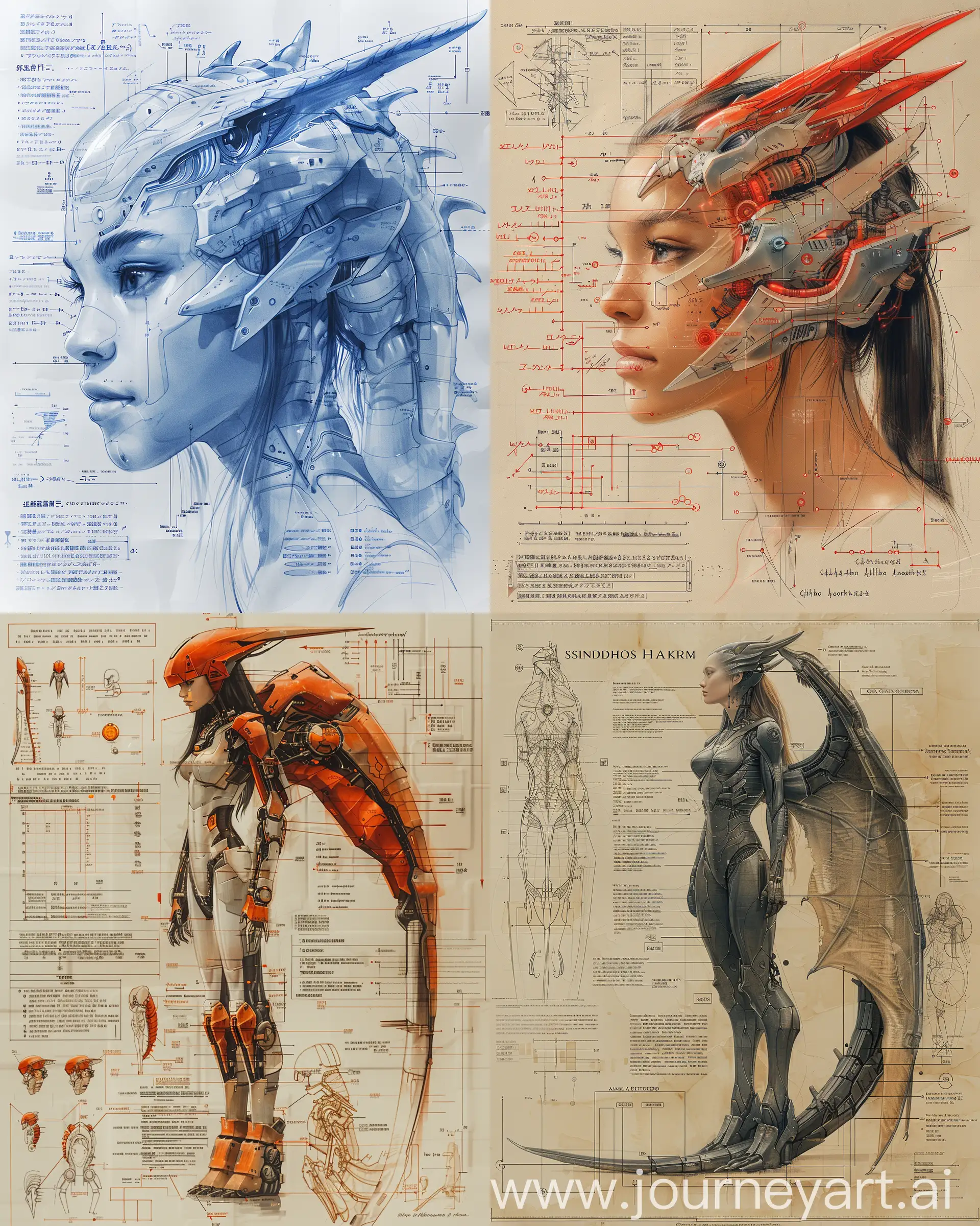 Futuristic-SciFi-Cybernetic-Dragon-Woman-Blueprint-Art