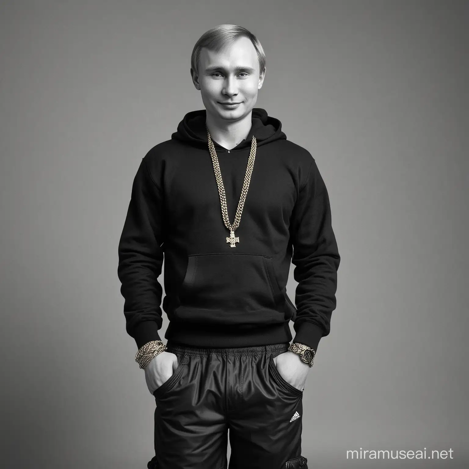 Black and white fashion photo of a young man (looks like the young Putin, smiling, large gold chain on his neck) posing  wearing a black hoodie, grey adidas shorts and crocks.