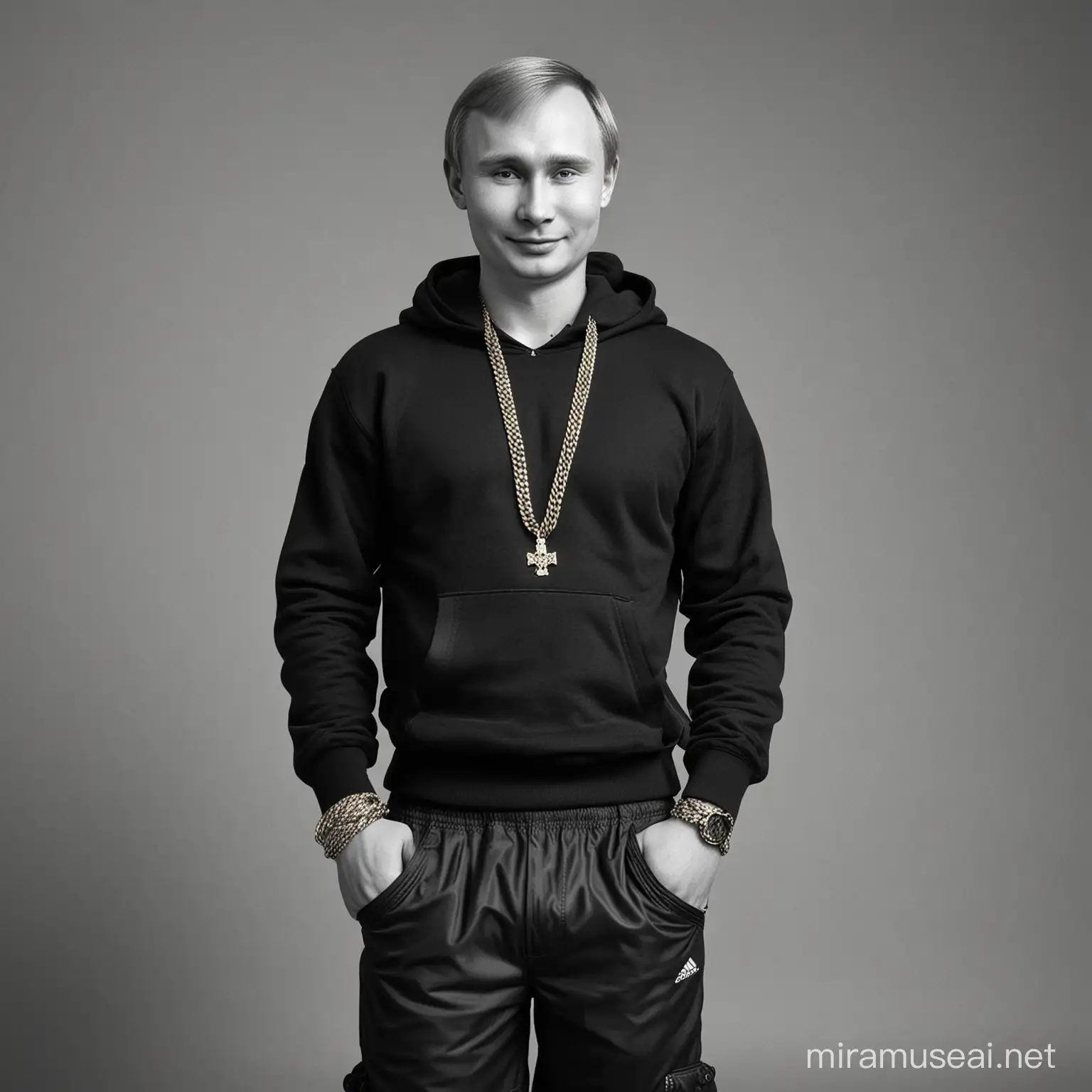 Smiling Young Man in Black and White Fashion Portrait with Gold Chain and Hoodie