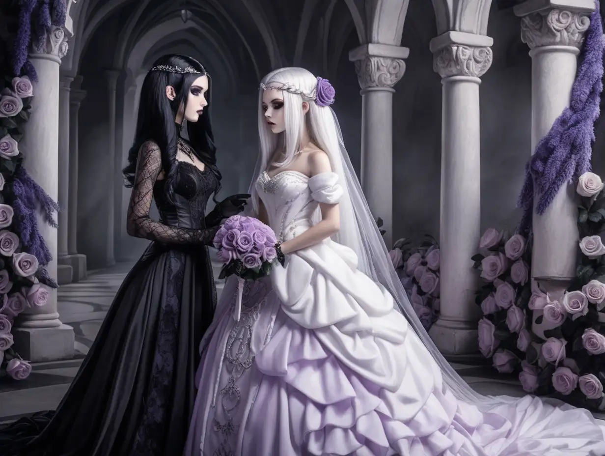 bride, white hair, white skin, white dress, lavender in hair, fantasy, 25 year old, getting married to gothic bride, black hair, white skin, black dress, rose in hair, fantasy, lesbian, the woman in the black dress has black hair and makeup