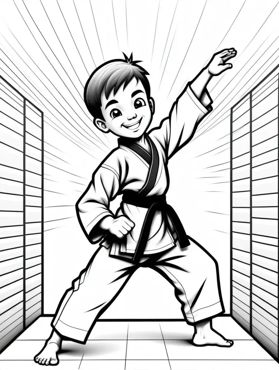 Cheerful Karate Kid Mastering High Block Coloring Page with Oriental Flair