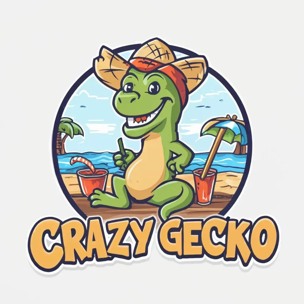 logo, I/imagine prompt:crazy gecko wearing a beach hat beach scene sitting at the tiki bar, Sticker, Adorable, Secondary Color, Pixar, Contour, Vector, White Background, Detailed,  highly detailed colorful image, with the text "Crazy Gecko
Tiki Bar
", typography