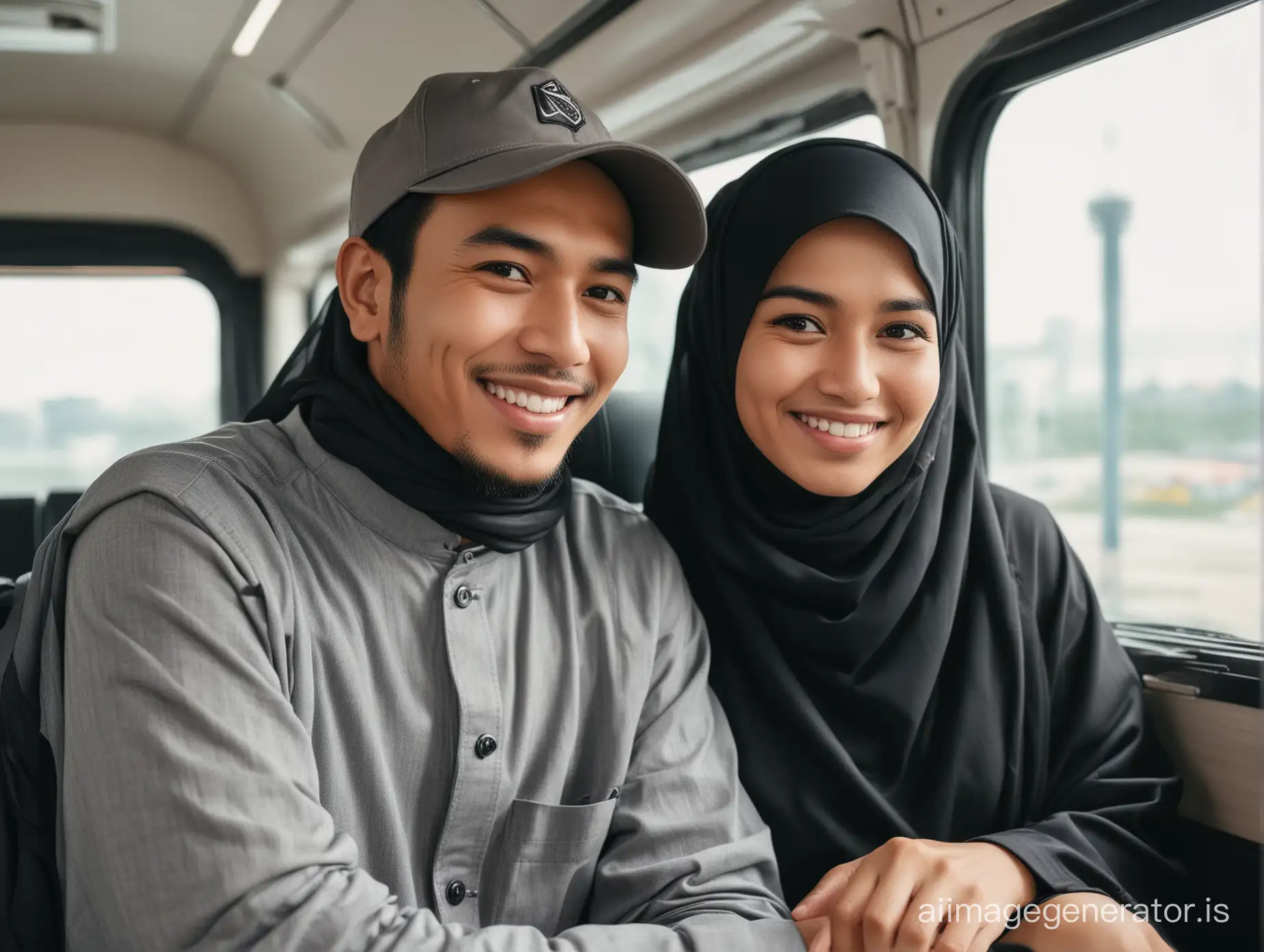 A couple, the Indonesian man wearing casual clothes, baseball cap. The Indonesian woman wearing hijab, abaya. Smiling face, window, sitting in the Luxury Bus