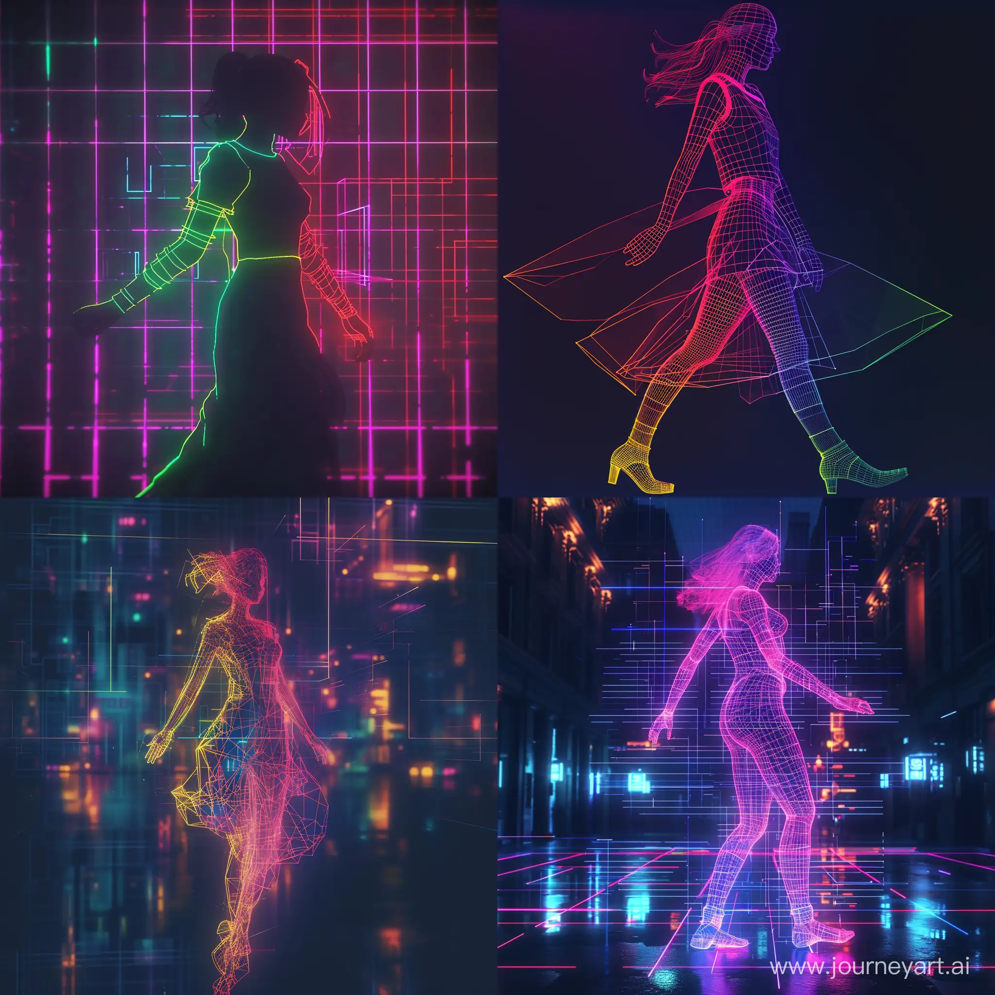 Wireframe Artwork - "Digital Neon Silhouette": Style/Artist: Piet Mondrian's abstract art, Gmunk's wireframe designs. Tags: 3D Render, Dynamic Motion, Vibrant, Conceptual. Prompt: Design a Alluring Woman in Dynamic Motion in Neon wireframe, with details akin to a digital blueprint. The scene should radiate with neon colors against a dark background, incorporating Mondrian's geometric precision and Gmunk's digital aesthetics. Highlight the intersection of technology and Female Allure., dark fantasy, 3d render, illustration, vibrant, architecture, cinematicv0.2

 --v 6 --ar 1:1 --no 33131