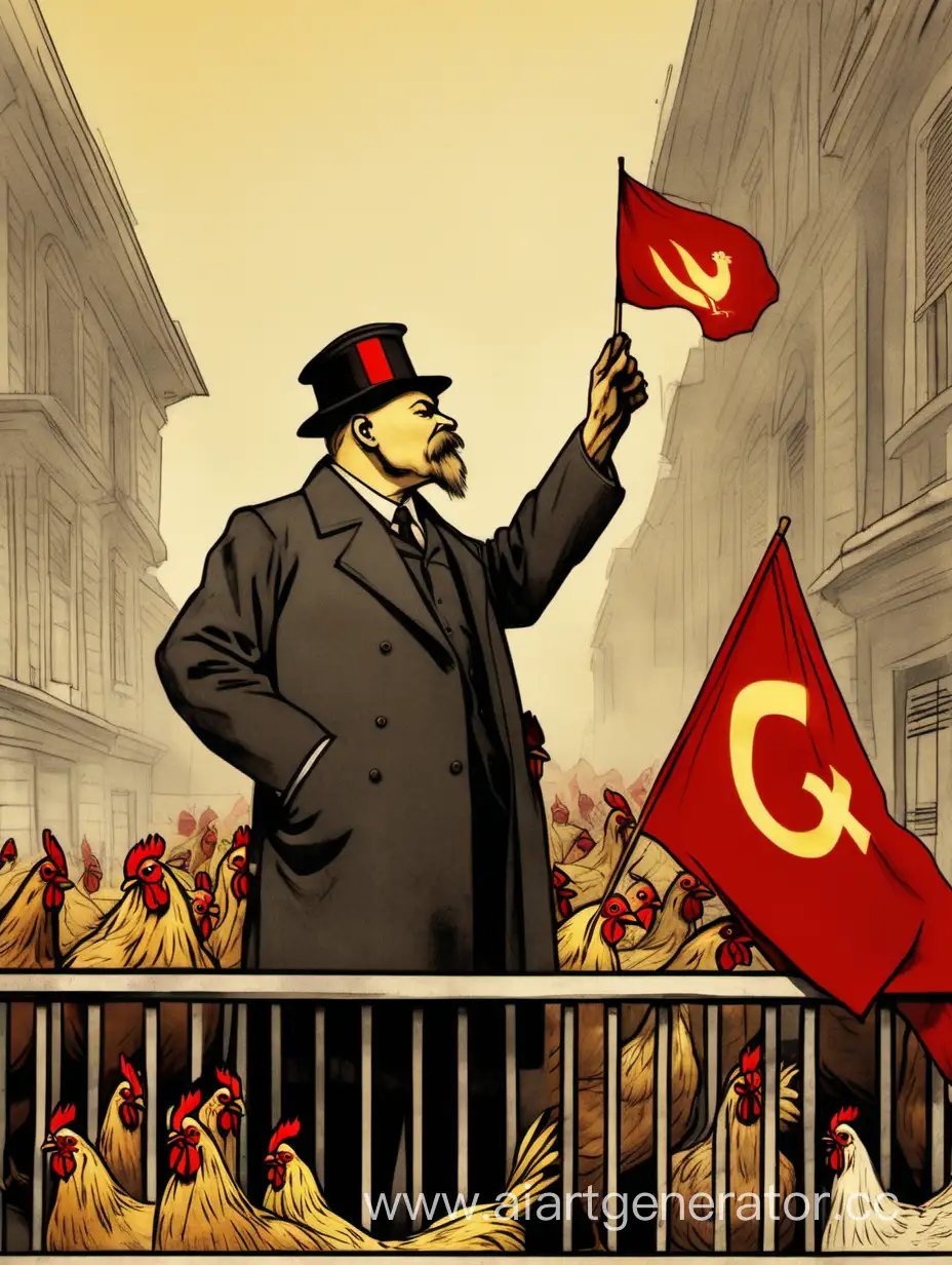 Ленин-курица произносит рабочим петухам речь о важности пролетариата и величия коммунизма с балкона. Внизу стоят петухи, держащие в клювах транспаранты и красные знамена