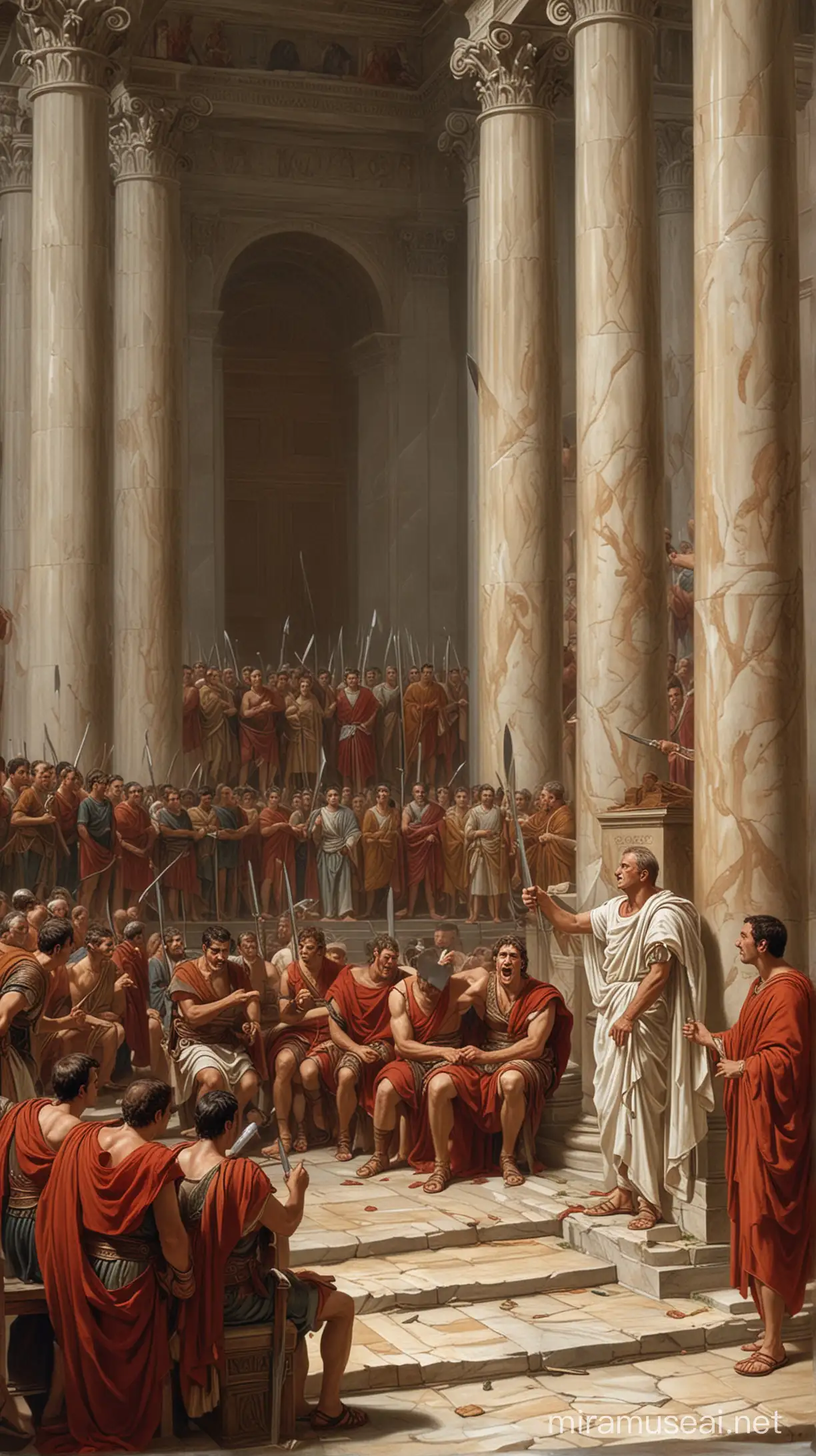 Scene of Julius Caesar being attacked by Senators in the Roman Senate: Julius Caesar is seated in the Senate surrounded by Roman Senators. Behind him stands a structure reflecting the architecture of first-century Rome. A group of Senators approaches Julius Caesar, some drawing their swords, preparing for the attack. Julius Caesar's expression is filled with shock and a sense of betrayal.

