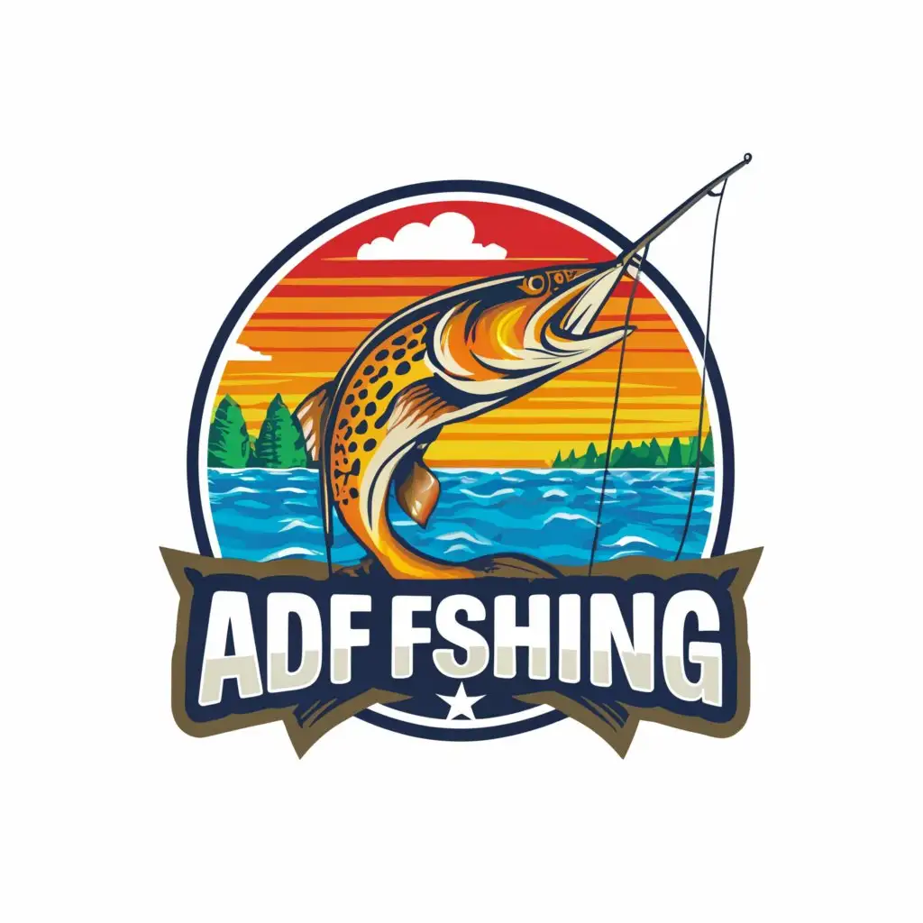 a logo design,with the text "ADF Fishing", main symbol:Logo with a colored pike fish with a fishing rod in the background with a lake format png,Moderate,clear background