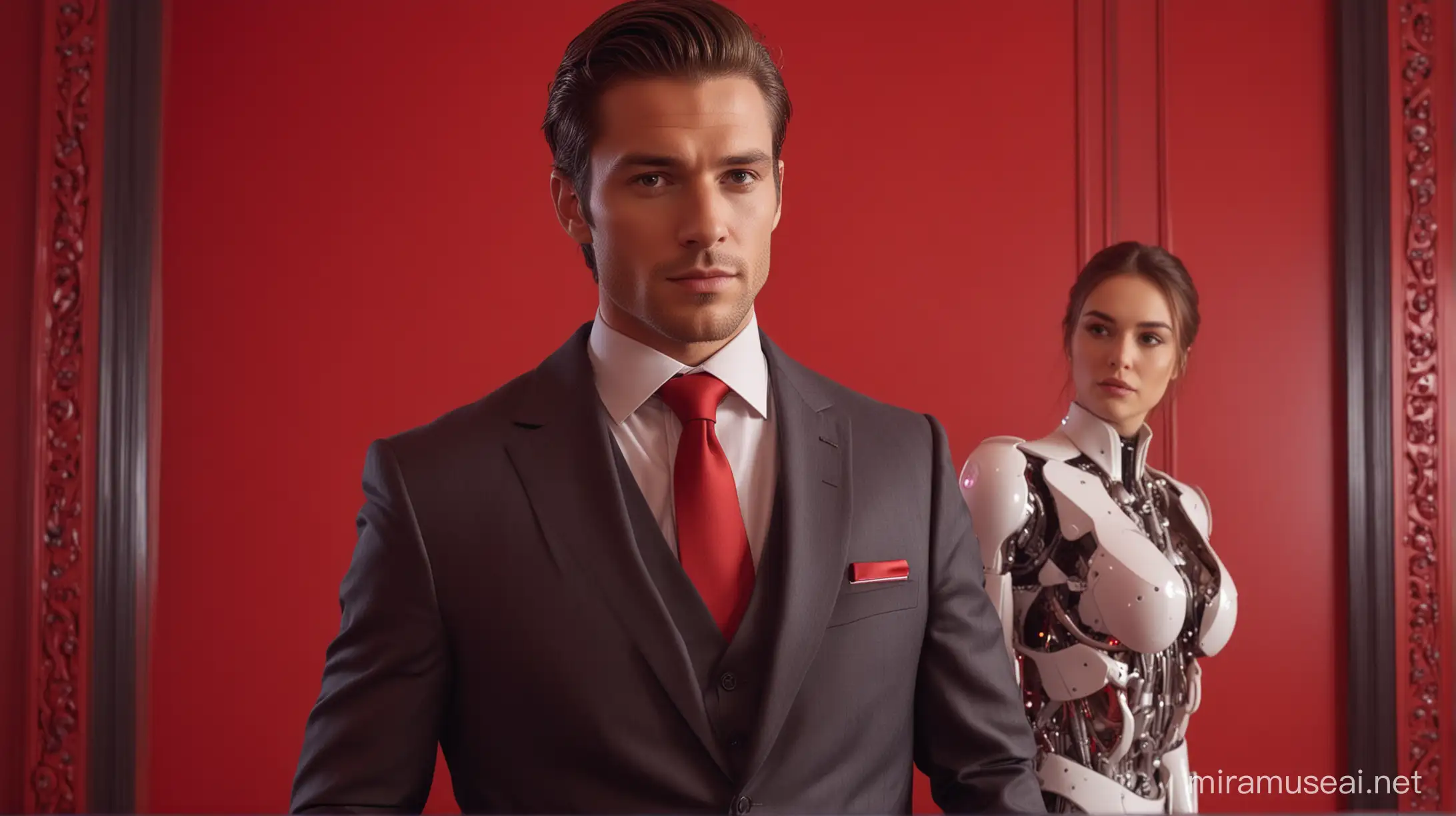 an attractive man in a business suit in a red room, the lady upper body is a beautiful sensual woman with medium breasts, her lower body is robotic. the man is looking at the camera awkward