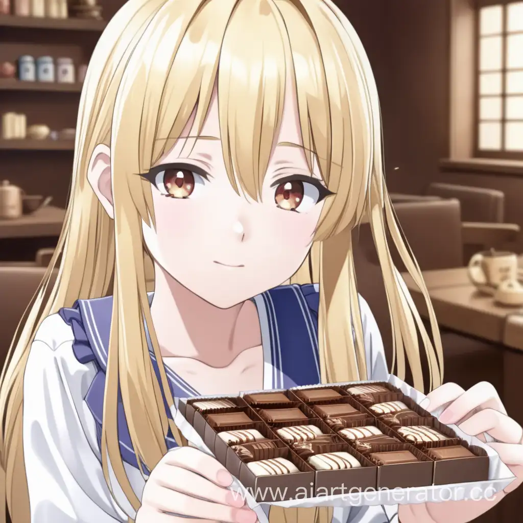 blonde anime girl without bangs gives you a beautiful pack of chocolate