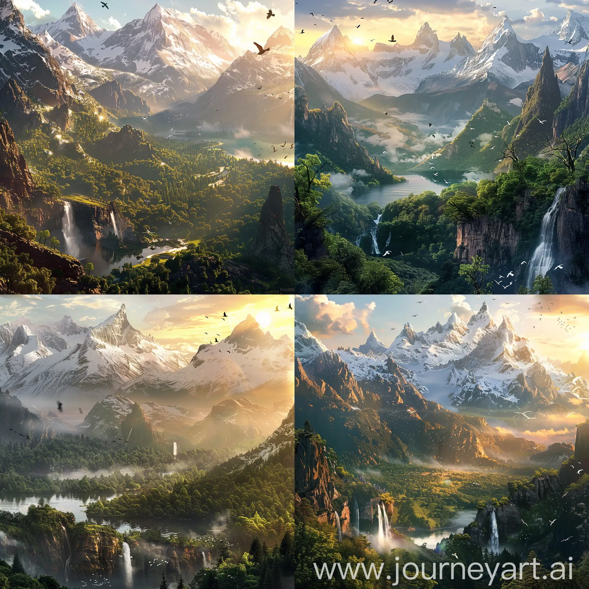 Create a realistic view of a beautiful mountain range with snow-capped peaks, lush green forests, and a serene lake in the distance. The sun is setting, casting a warm golden light on the landscape, and a few birds can be seen flying overhead. In the distance, a waterfall cascades down a rocky cliff, creating a misty veil that hangs in the air. The atmosphere is peaceful and tranquil, with the only sounds being the chirping of birds and the gentle lapping of the lake’s waters against the shore. The mountain range stretches as far as the eye can see, with each peak rising higher and higher until they finally disappear into the clouds