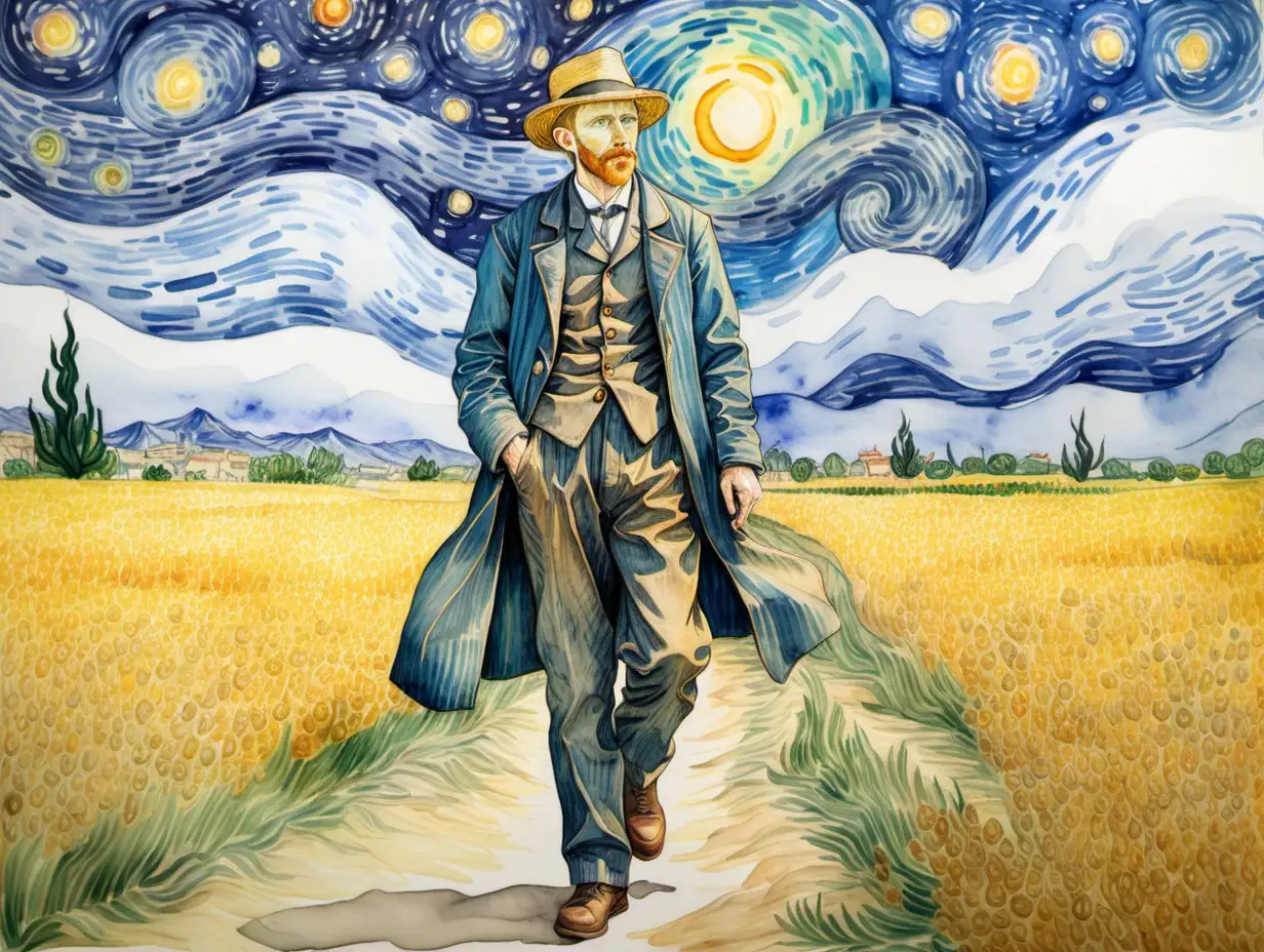 Watercolour painting of a time traveler, male, full body, Van Gogh 