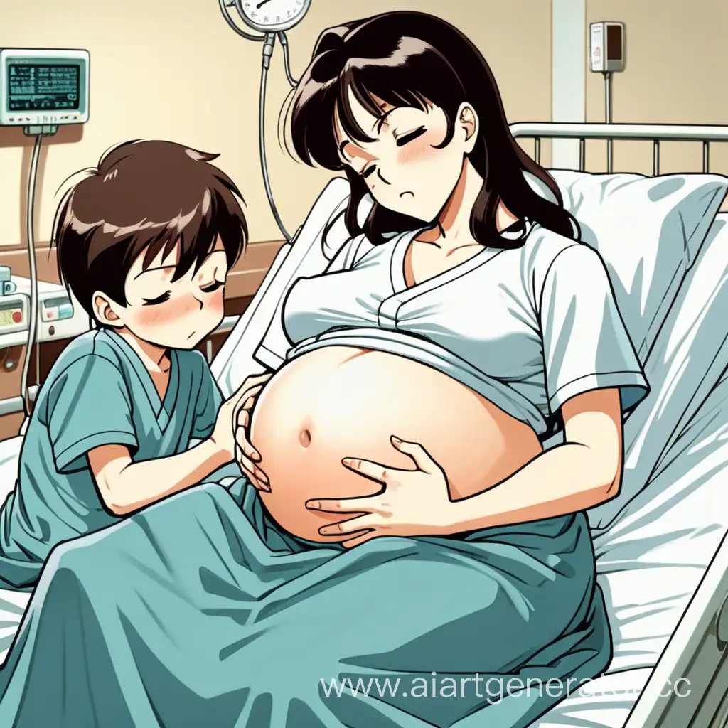 vintage anime overdue pregnant mother straining with little son hugging his mommy's big tummy in (hospital bed)