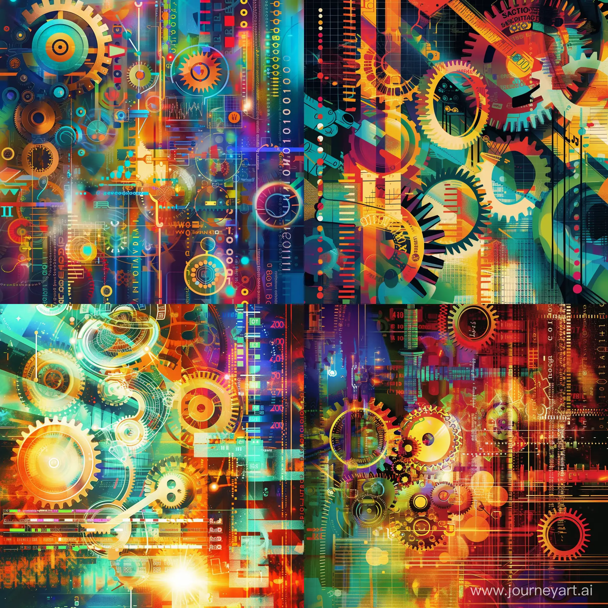 A vibrant and colorful digital artwork depicting the process of accounting standards being developed and implemented, with gears, cogs, and data streams representing the complex interplay of regulations and financial systems. --v 6 --ar 1:1 --no 32593