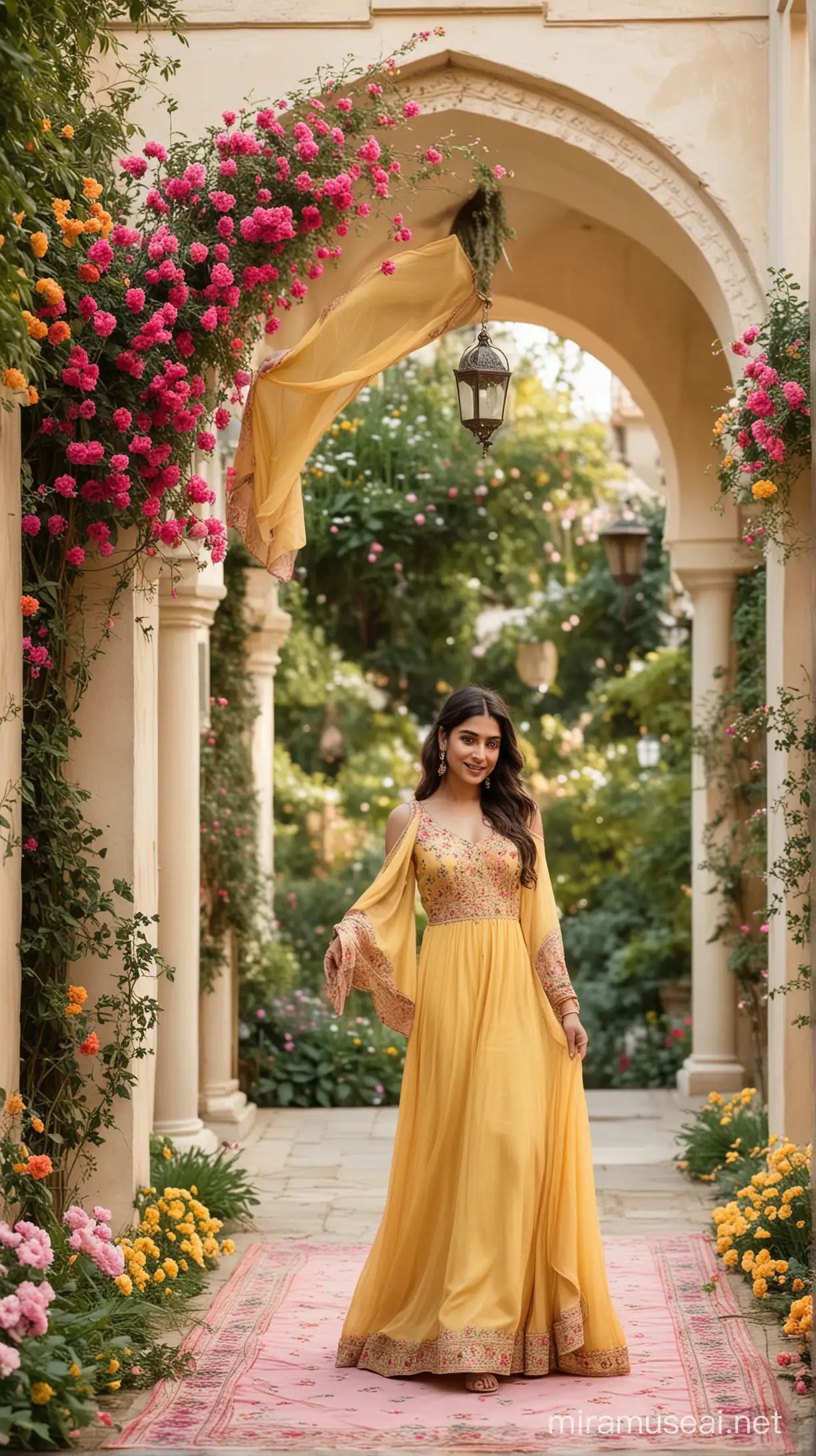 
Create an enchanting Fairy Tale themed garden invitation featuring a young girl adorned in a Pakistani yellow long maxi dress, accompanied by a delicate pink dupatta draping over one shoulder, as she gracefully swings. Set against a backdrop of a charming Middle Eastern arch adorned with vibrant and colorful flowers lining the pathway. Leave a spacious area in the center for the invitation details.