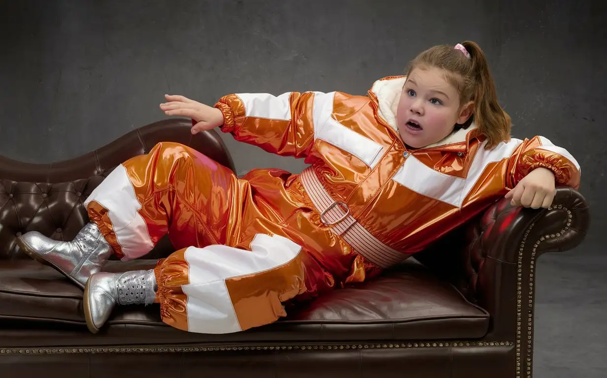 A fat white American teen is wearing a shiny orange snowsuit with white sections. The snowsuit is thick and insulated but also form fitting The snowsuit has a tightly cinched matching belt. The woman is chubby and her body is pear shaped. 

She is reclining on a leather chaise lounge. She is wearing silver moonboots. She is not wearing makeup.

Her hair is in a ponytail. She is impatient or anxious.