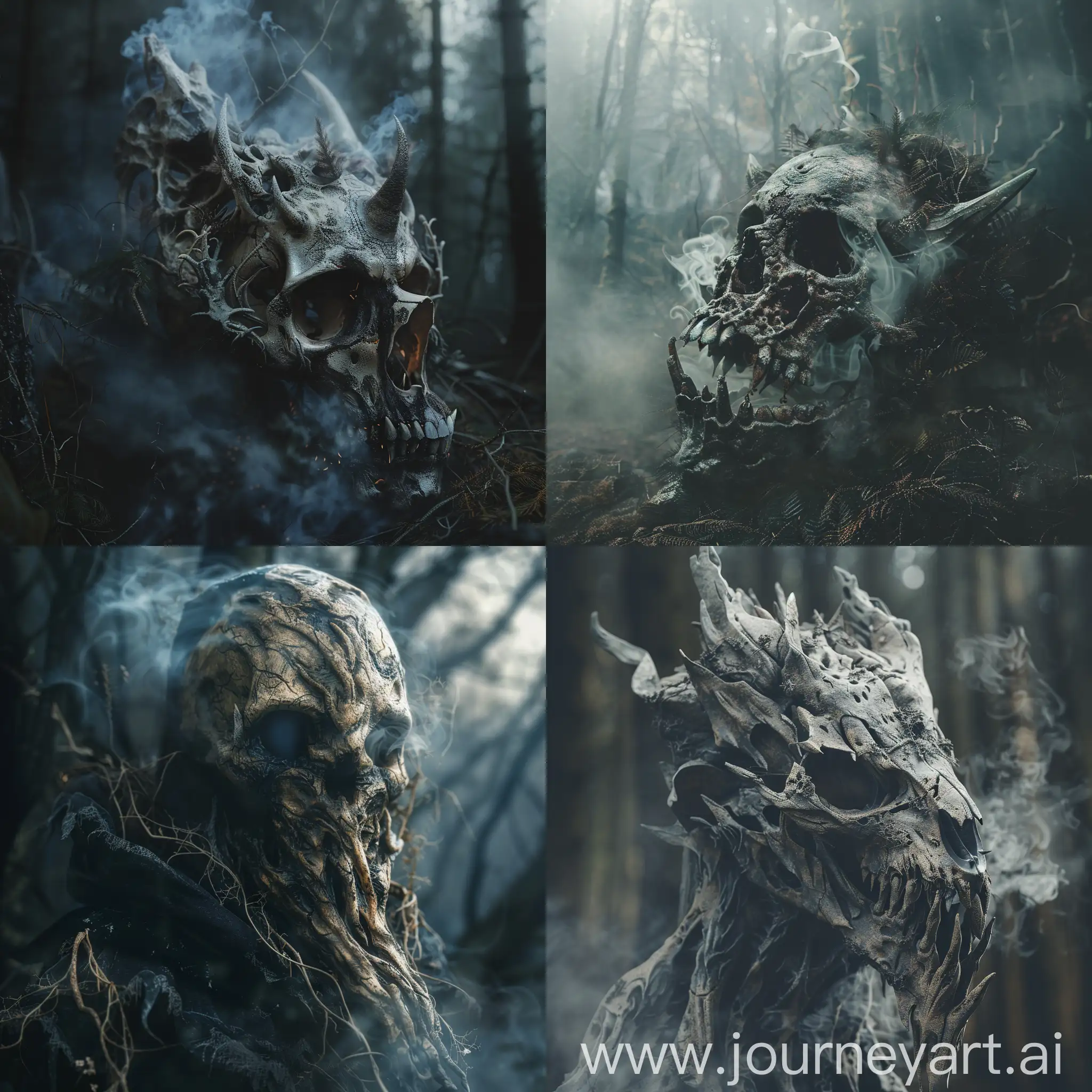portrait of a mythical creature, death, skull, 50%20human 50%20death, dark forest, smoke, high quality, excellent detail, dramatic lighting, 8KHD