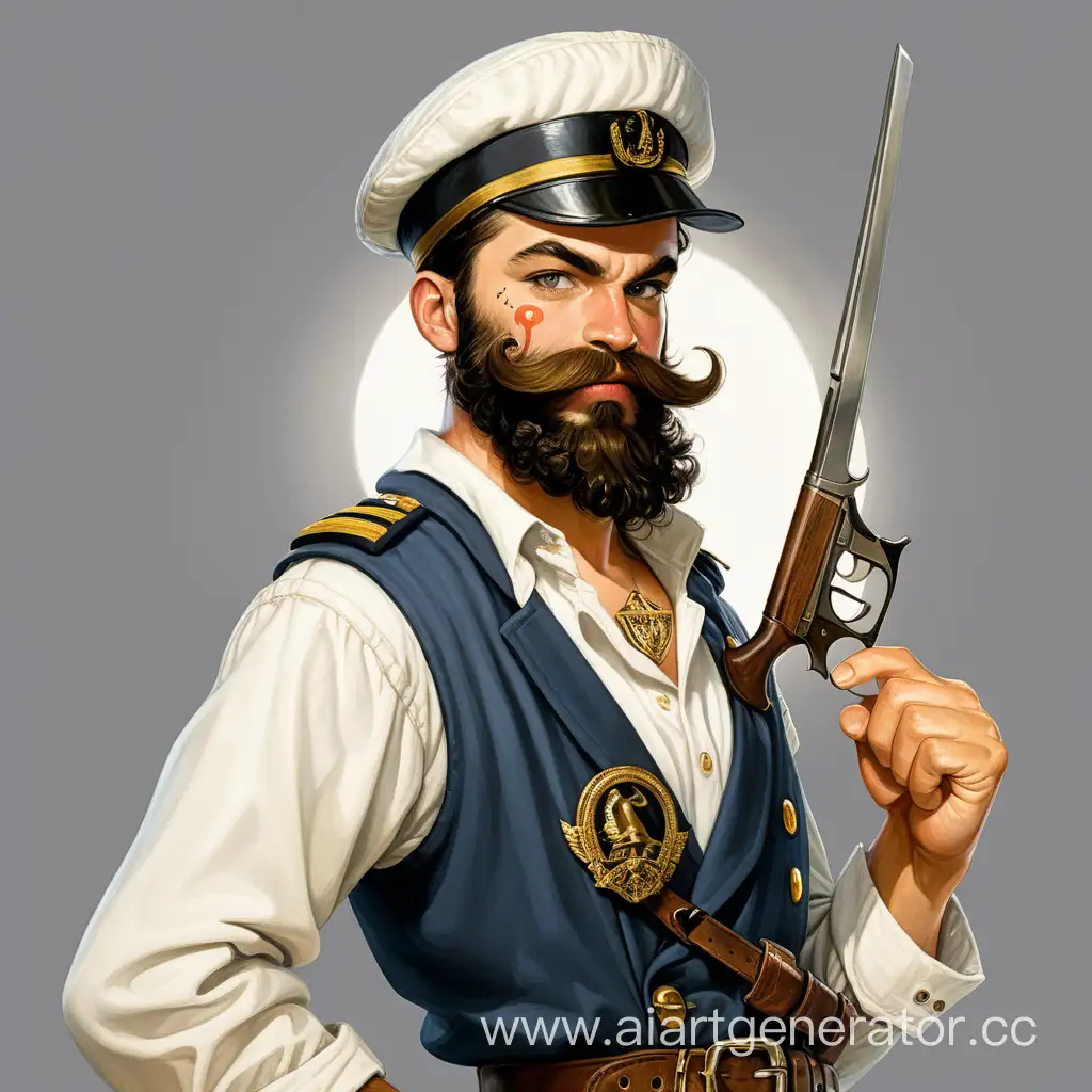 Моряк молодой с бонданой с золотым зубом с саблей пистолем лицо с черными усами и борода 