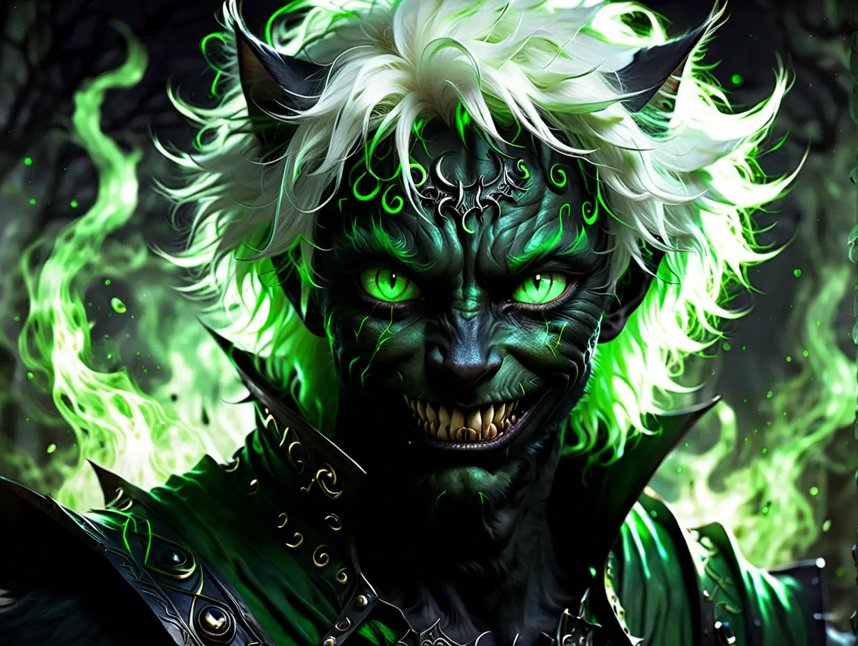 A god of chaos, he shares traits with black cats like bight green eyes, he has a cheshire smile, looks sinister, pale skin, a green aura, and a narrow face