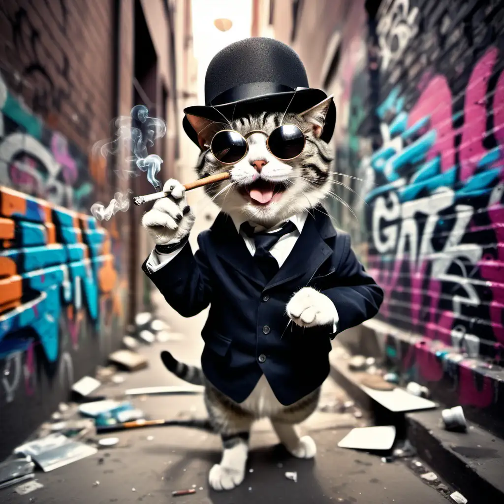 mischievous smiling cat in a bowler hat, smoking a cigarette, smiling, wearing sunglasses, in a dirty alley full of graffiti, singing on a microphone