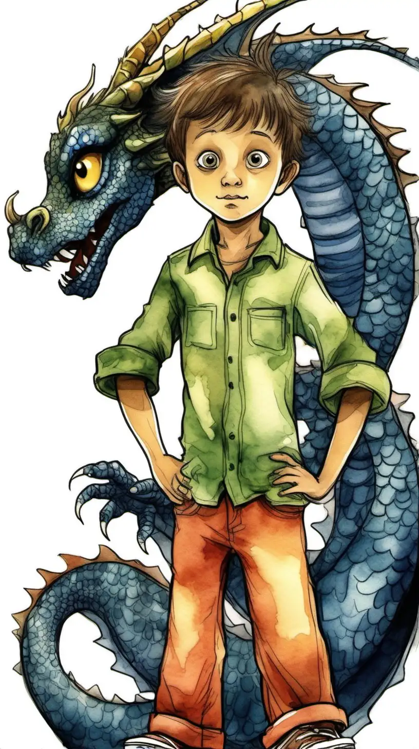 Tommy: A boy of about 7 years old, characterized by a wide-eyed, inquisitive look. He has short, tousled hair and wears pajamas that have a dragon print. Tommy is black, he has a dragon in hand. use watercolor style, and full body