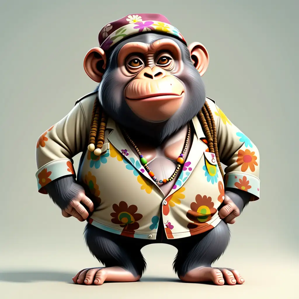 fun fat Chimpanzee in cartoon style with hippie clothes in full body with clear background