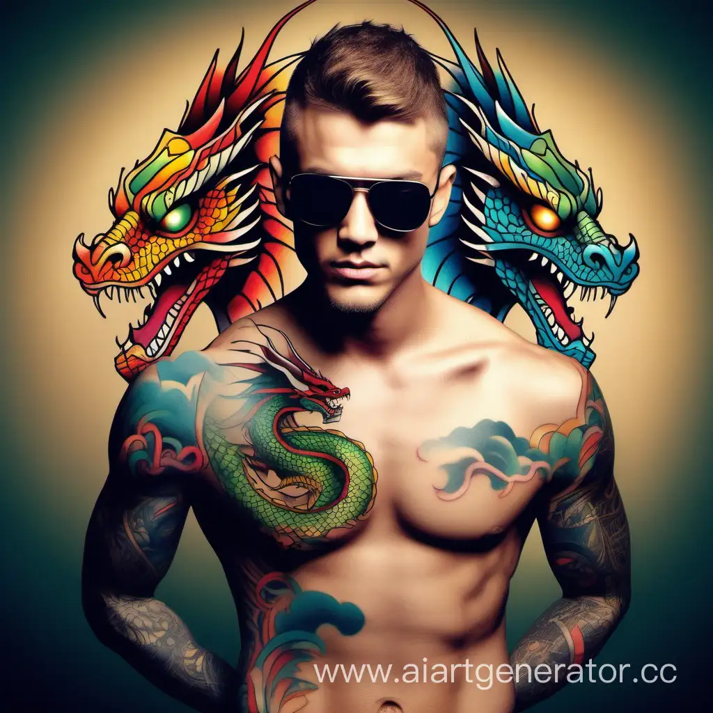 Симпатичный парень в черных солнцезащитных очках с татуировкой цветного дракона по всему телу
