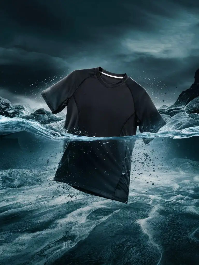 a black short-sleeved T-shirt in the cold sea