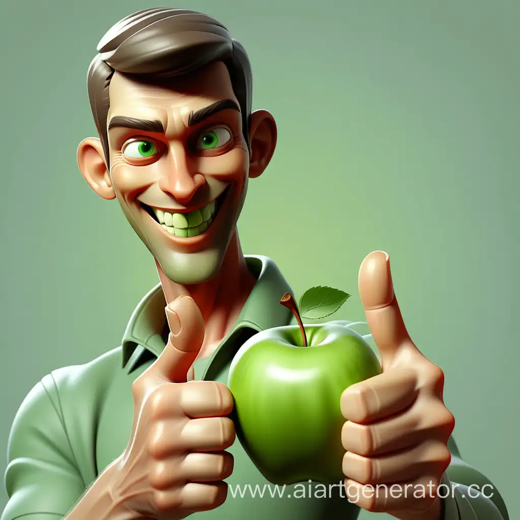 Мужчина держит в одной руке зелёное яблоко, а в другой рукой показывает жест Окей жест одобрения палец вверх. Пусть мужчина непринуждённо  улыбается. 