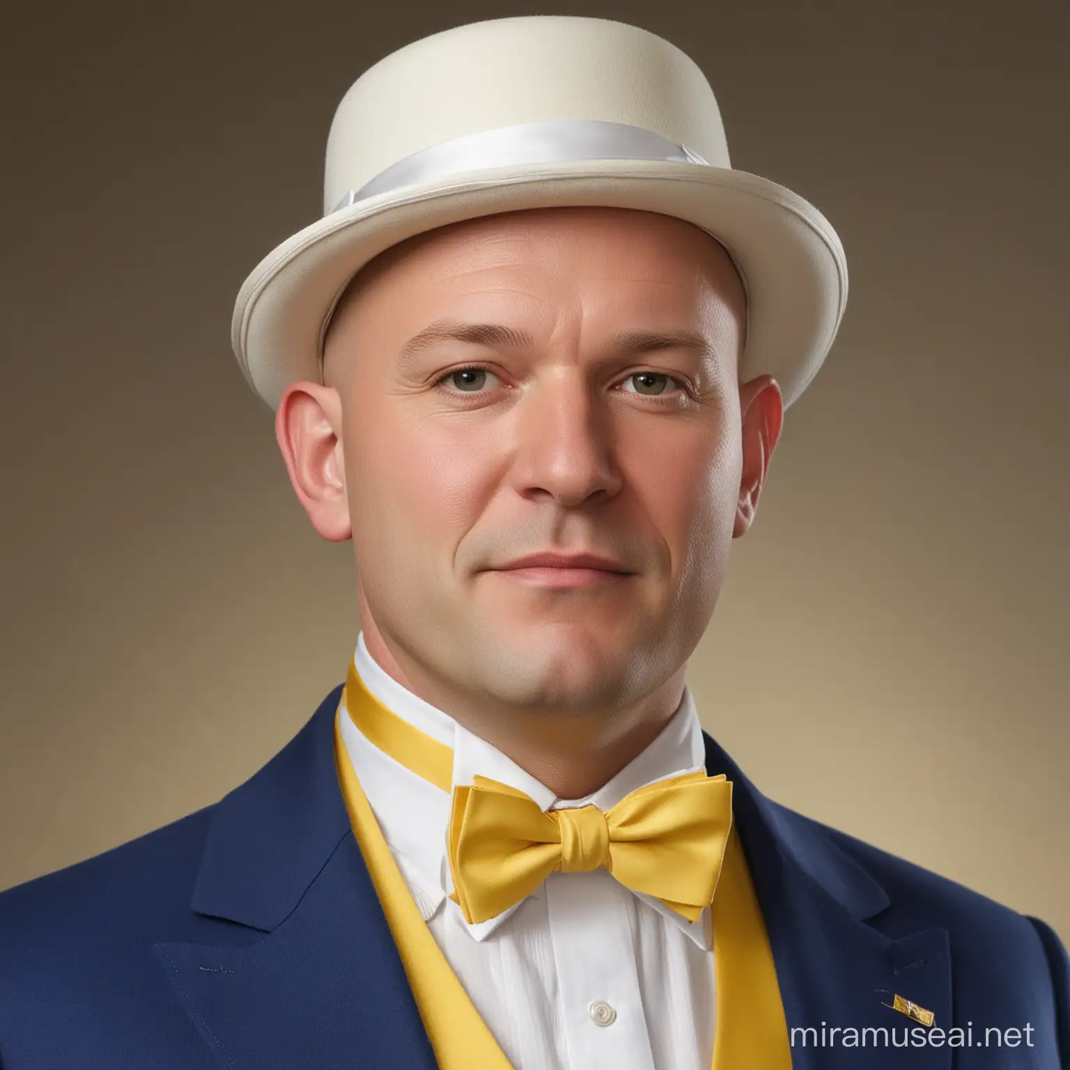A large bald man with a round face. He wears a blue suit, with a yellow vest underneath, and a white shirt. He has a white bowtie. He wears a small white hat on his head.