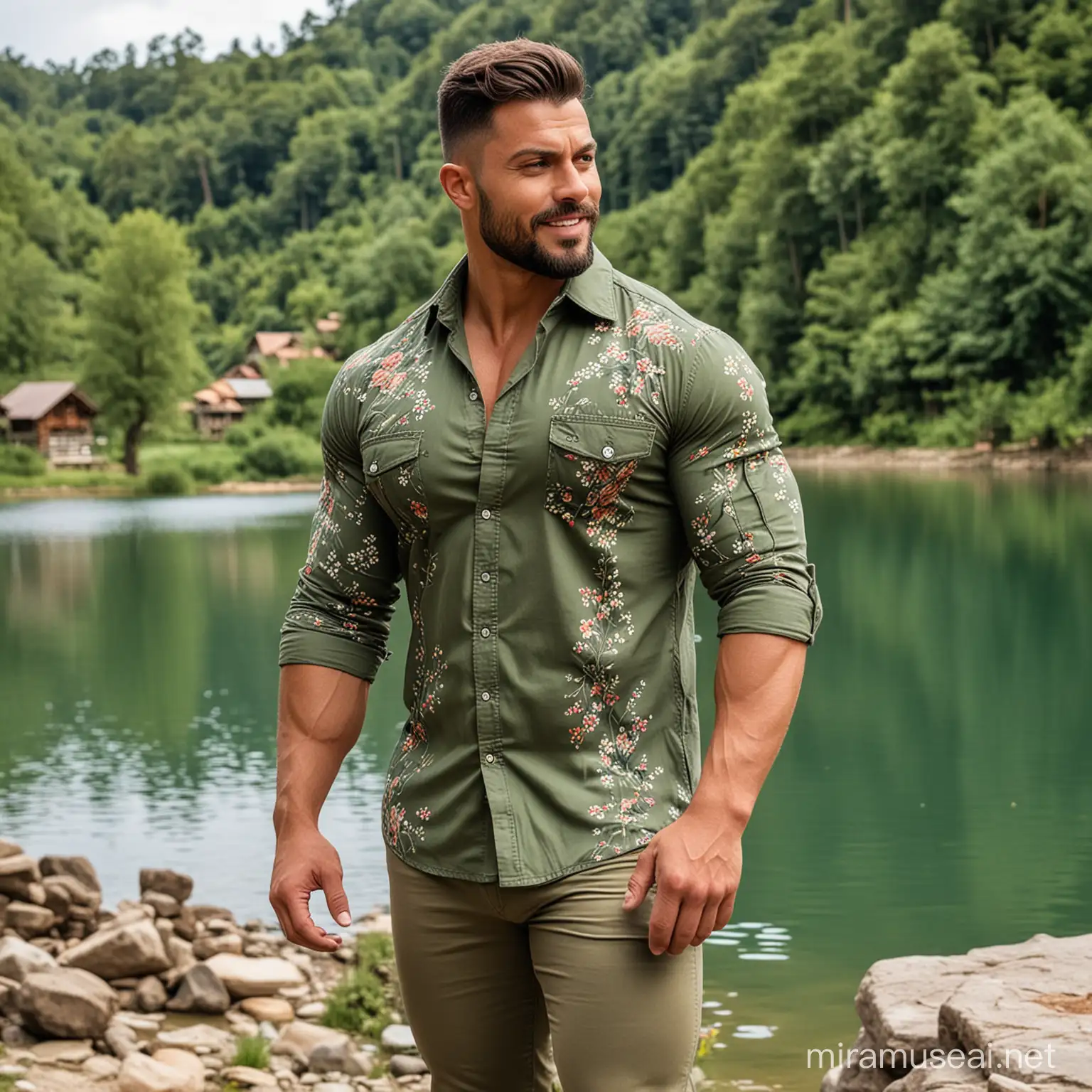 Big giant muscular build men wearing olive unbuttoned double pocket shirt with flowery printat village at lake