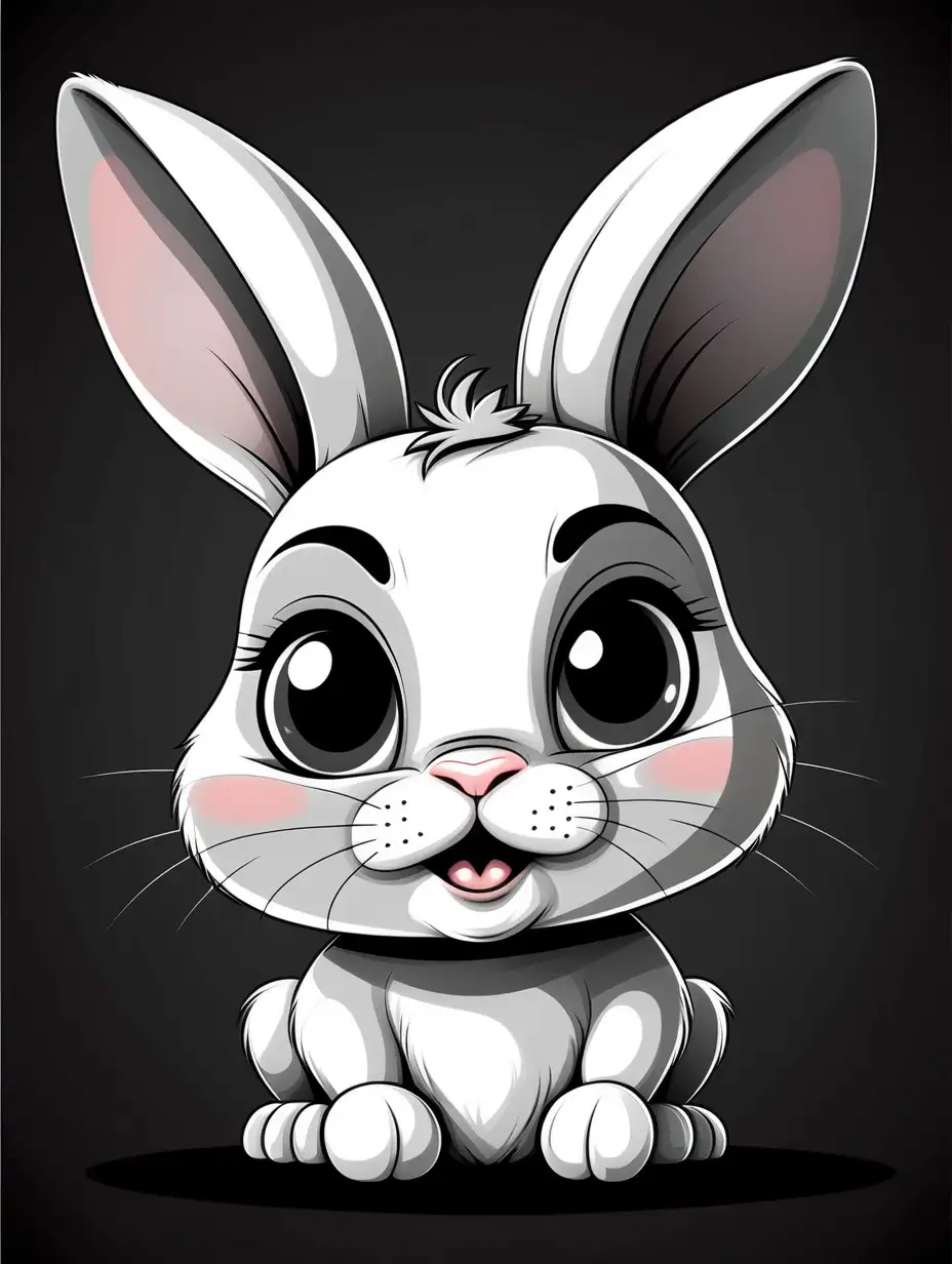 Comic Style Cute Little Bunny Head Illustration in Black and White