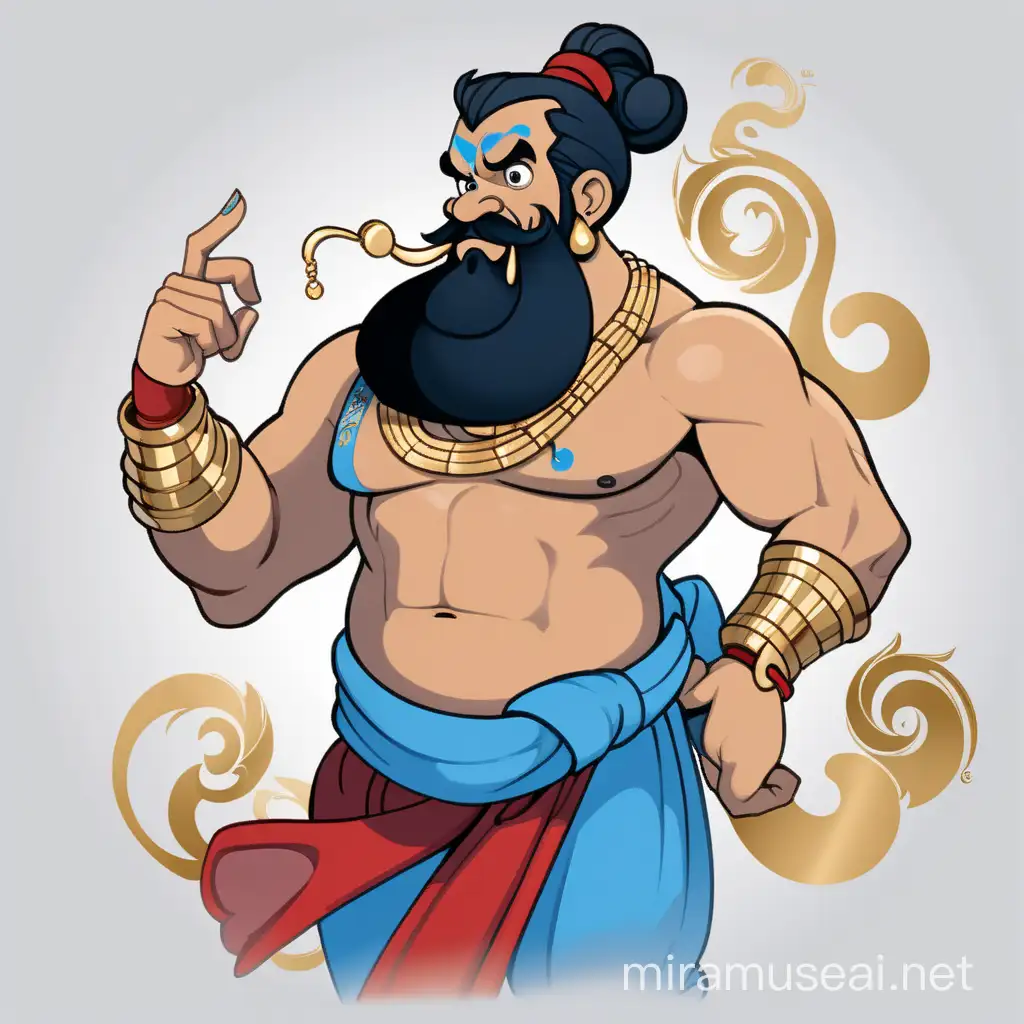 The Genie from disney, blue-skin,
large cloud of blue smoke as a body, barrel-chested man with three fingers and black hair tied in a ponytail and a beard with a swirl that sticks out at the chin. wearing a red sash around his waist, a gold earring on his right ear, and a pair of gold bracelets. full body, minimalist, vector art, colored illustration with a black outline.
