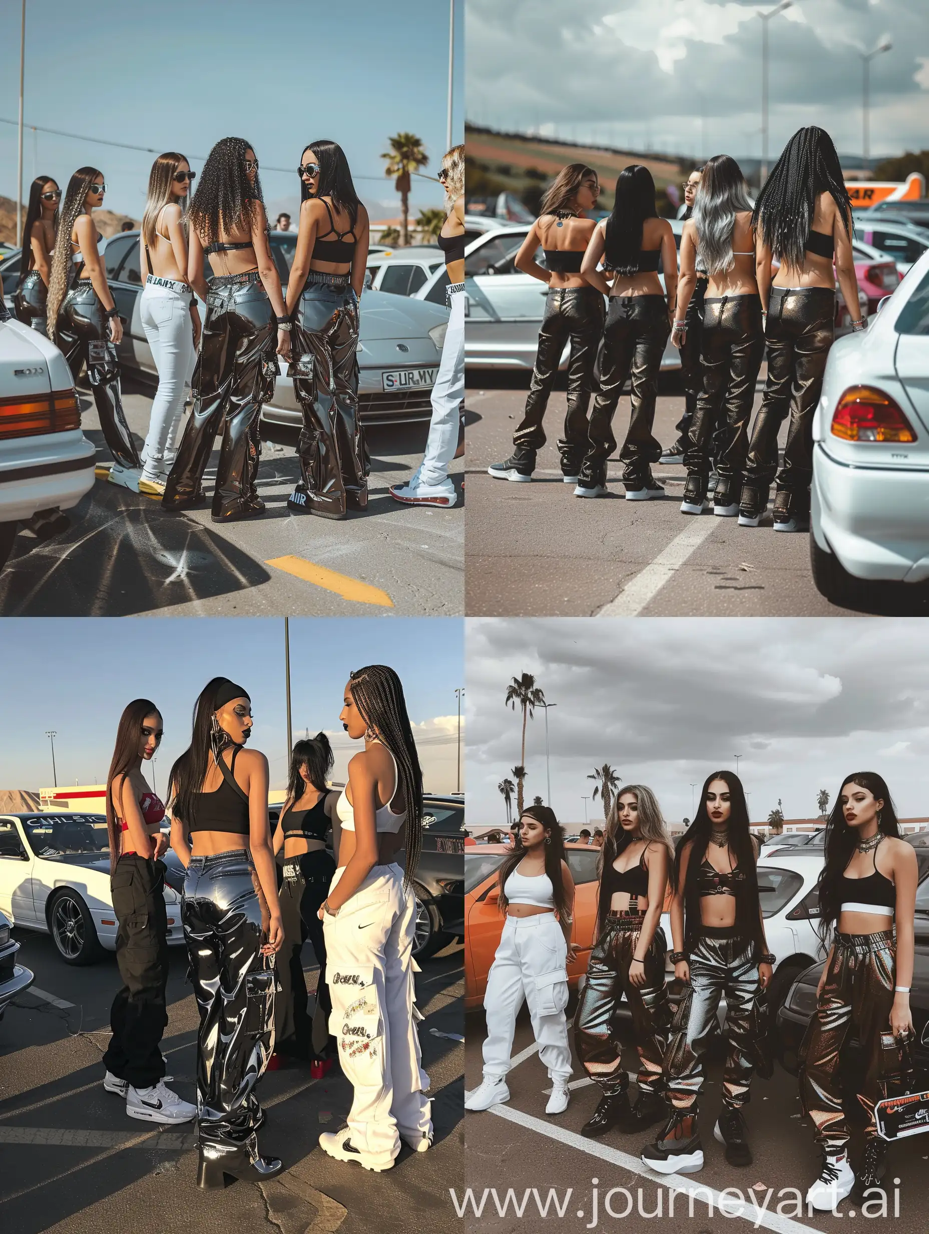 Ladies-at-Car-Meet-in-Shiny-Black-Cargo-Pants-with-Friends