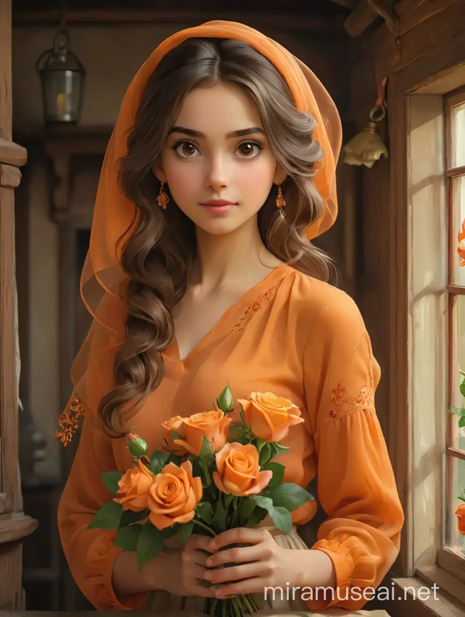 Veiled Girl in Orange Blouse with Rose Bouquet in a Cozy Cottage