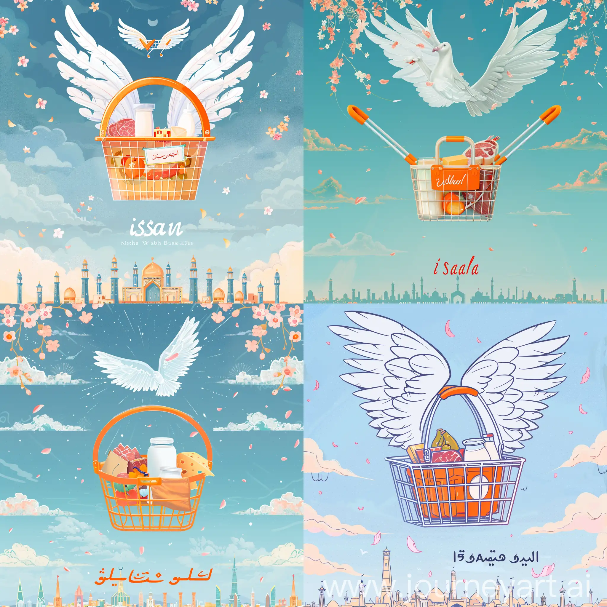 Isfahan-Skyline-Banner-Flying-Shopping-Basket-with-Milk-Meat-Cheese-and-Fruits