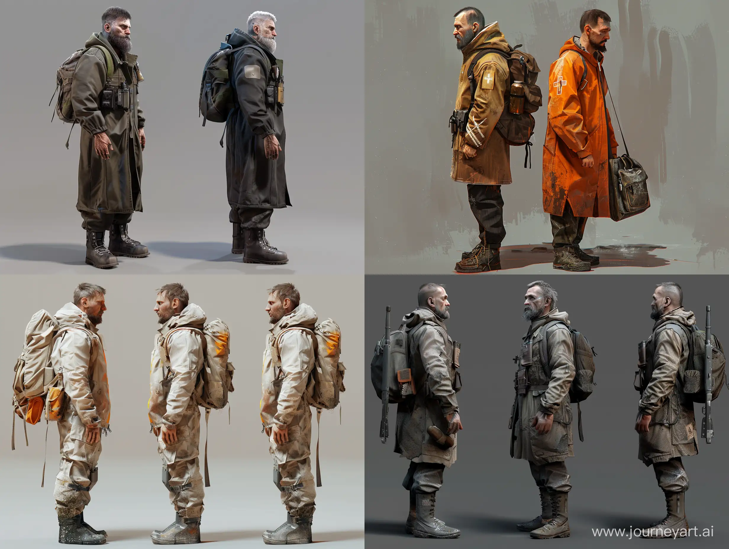 in full growth. Post-apocalypse characters for 2d platformer. full-length, standing sideways. Russian guy with a backpack, marital cyberpunk. priest. brutalism. 8k. photorealism, unreal engine
