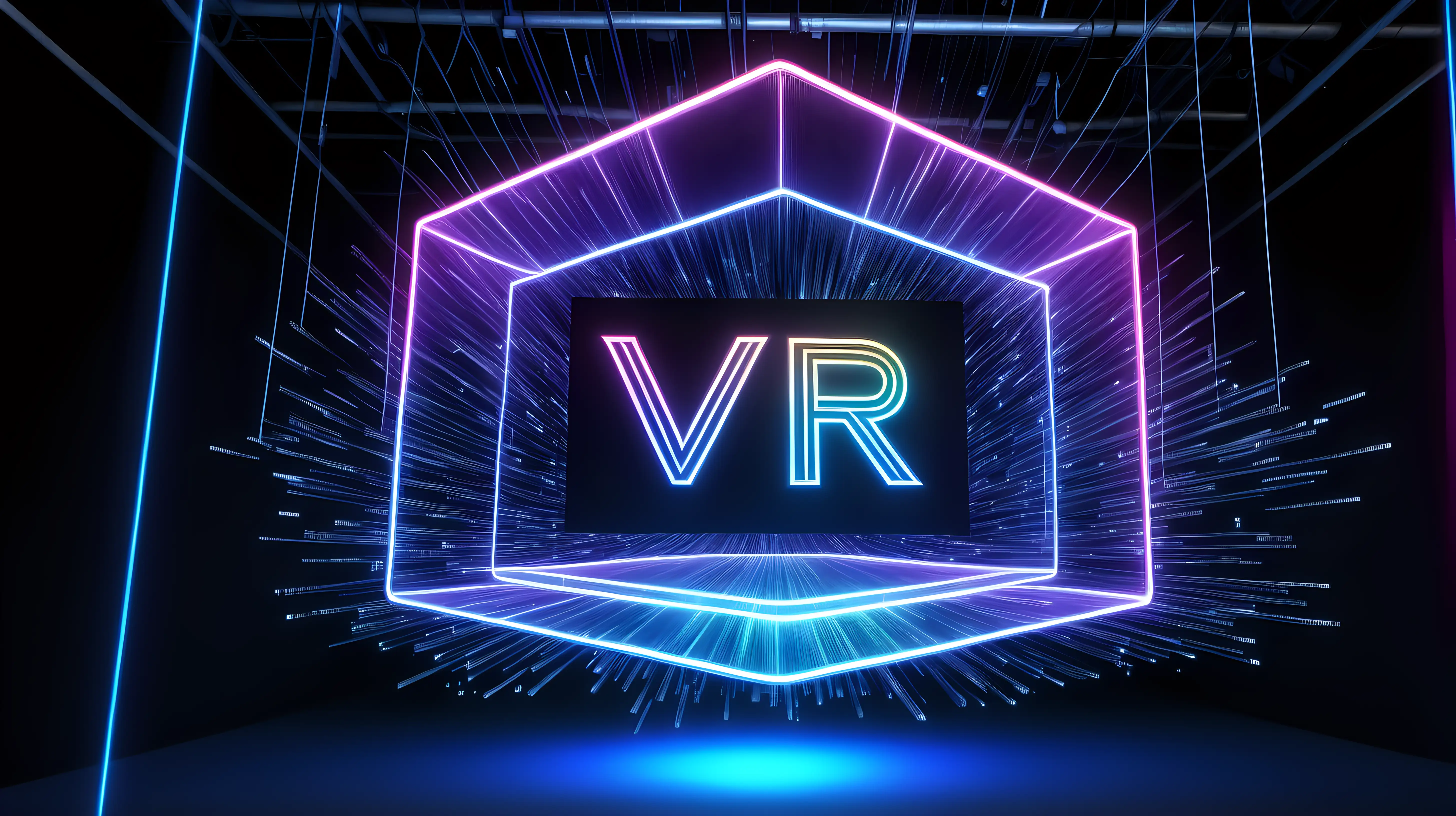 A holographic projection of "VR" suspended in mid-air amidst floating data streams and neon lights, symbolizing the cutting-edge aspects of virtual reality.