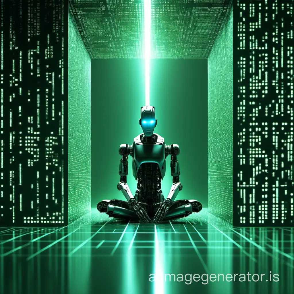 robot sitting inside the matrix looking through a breach. Breach emits bright light