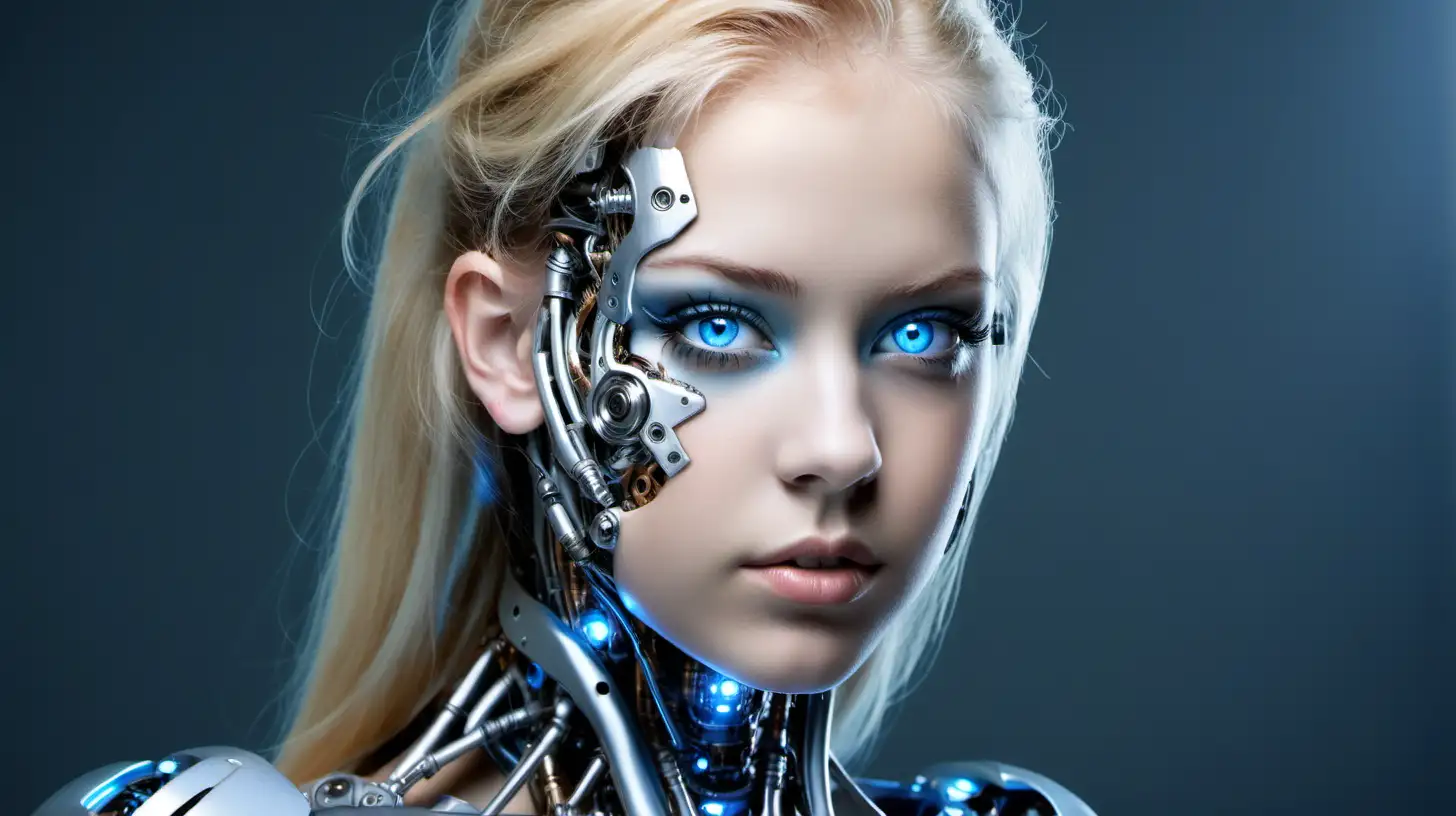 Gorgeous cyborg woman, 18 years old. She has a cyborg face, but she is extremely beautiful. Blonde. Blue eyes.
