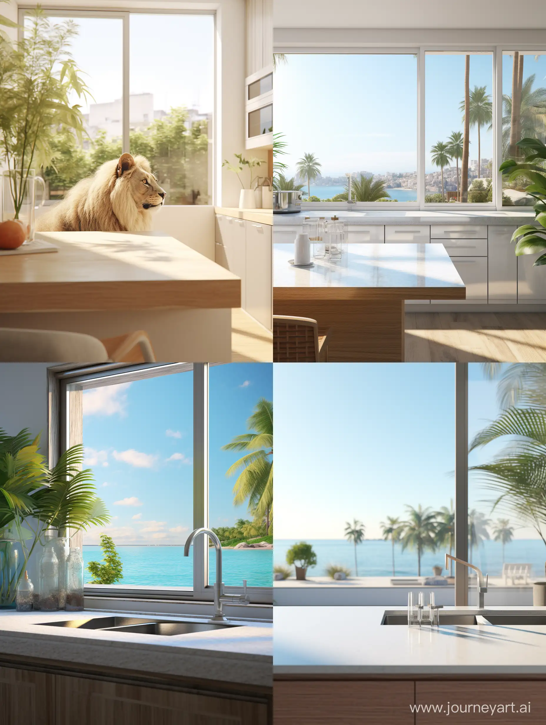 Realistic-Lion-in-Modern-White-Kitchen-with-Sea-View