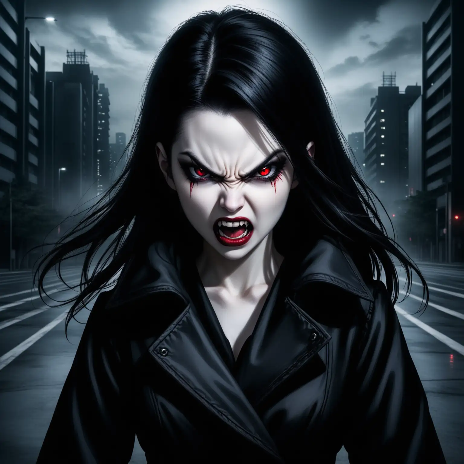 angry shouting pale-skin vampiress with black hair, red eyes and red lips and in black coat, night tokyo empty strrets are on background, dark style, hyper-realistic, photo-realistic