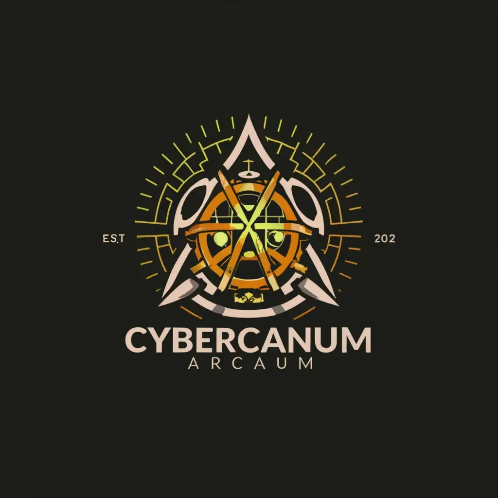 a logo design,with the text "CyberCaveArcanum", main symbol:a logo design,with the text "CyberCaveArcanum", main symbol:The alchemical symbol for arsenic upside and used as a helmet for a samurai, clear background, detailed, alchemical symbol for arsenic,complex,clear background