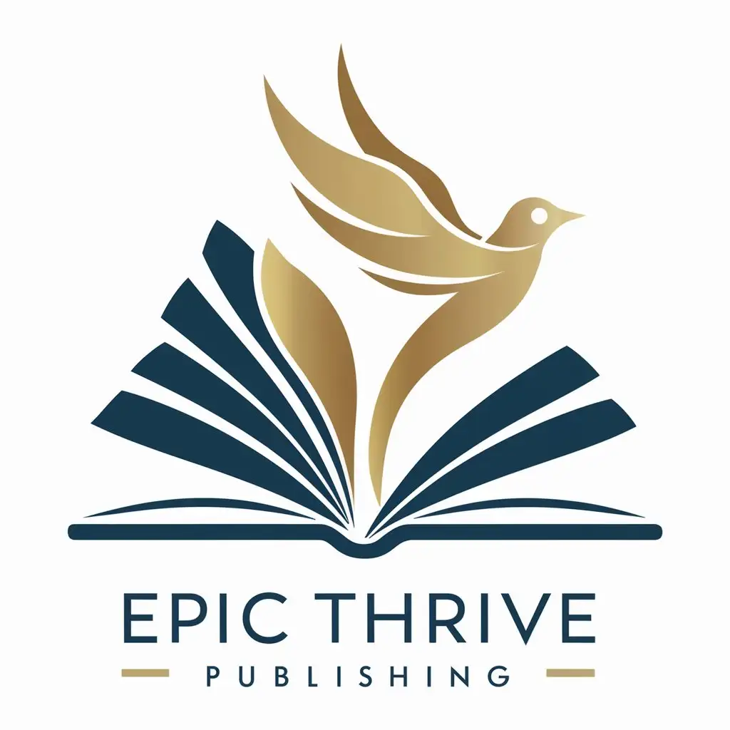 Create a flat vector, illustrative-style abstract concept logo for 'Epic Thrive Publishing', featuring a stylized book that transitions into a bird taking flight from its pages. This symbolizes the liberation and growth achieved through learning. Colors used are navy blue for trust and gold for success.