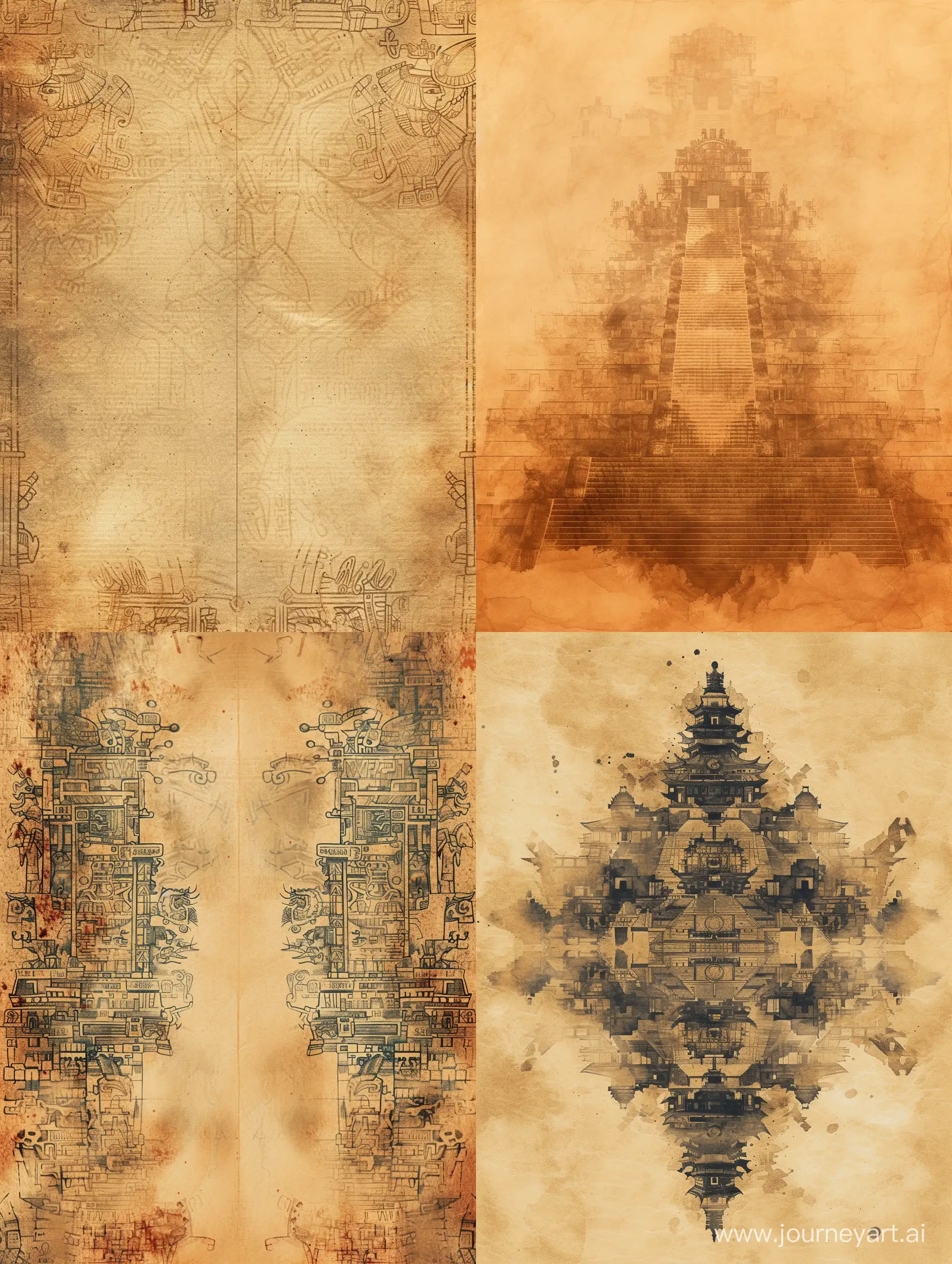 Symmetrical texture of ancient paper, barely visible elements of ancient Aztec, Chinese, Roman, Egyptian cities, stylized caricature, watercolor, decorative, flat drawing --v 6 --ar 3:4 --no 29757