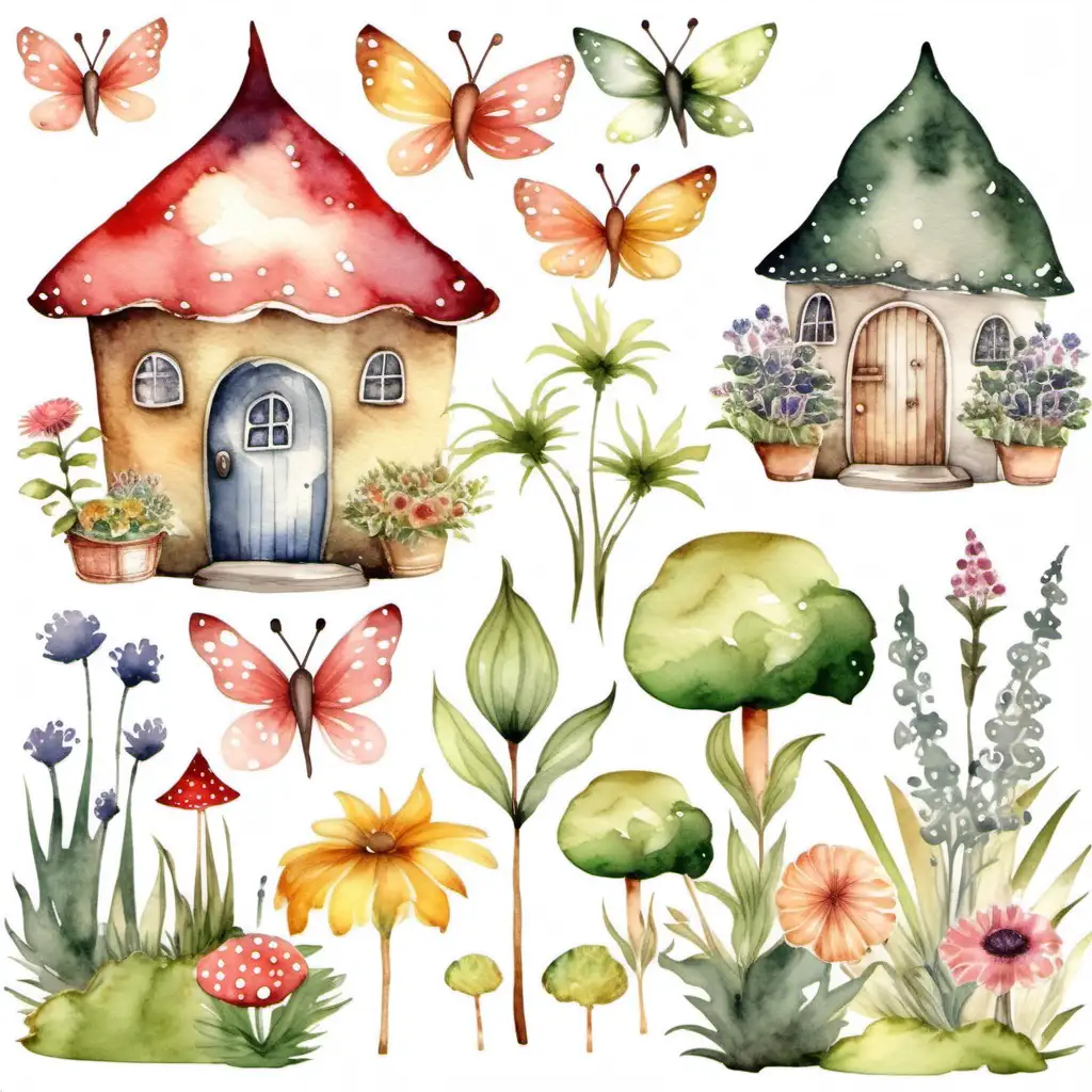 cute whimsical, fairy garden, vintage, Watercolor, High Quality, isolated on background, suitable for clipart